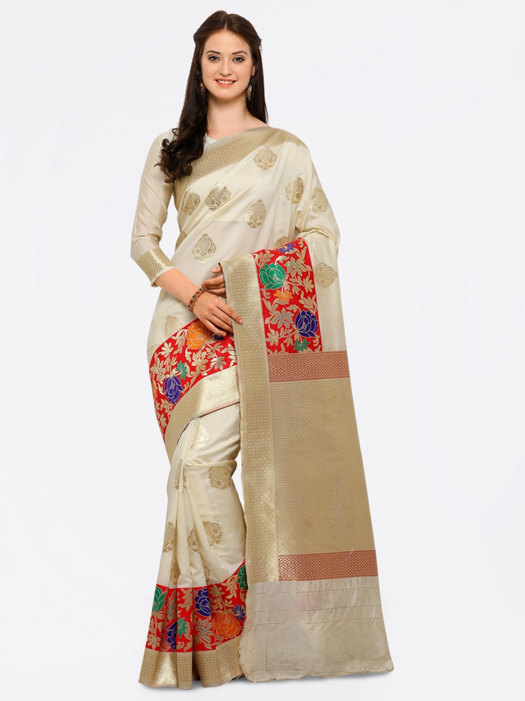 

Saree mall Cream-Coloured Silk Blend Woven Design Banarasi Saree