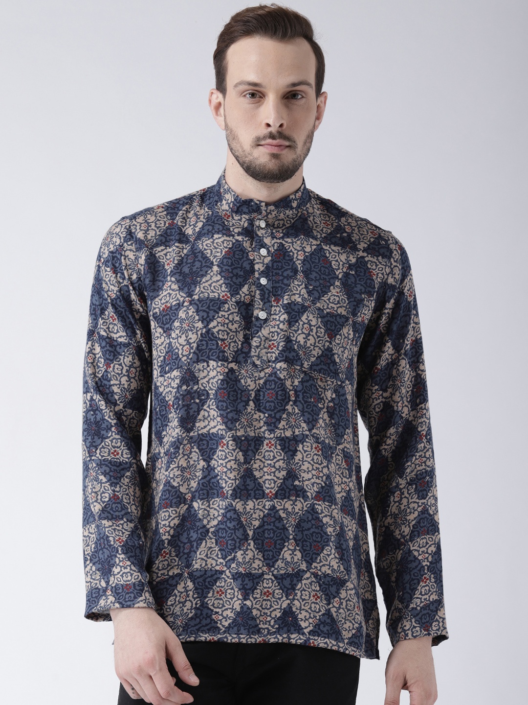 

KISAH Men Navy Blue & Beige Printed Straight Kurta