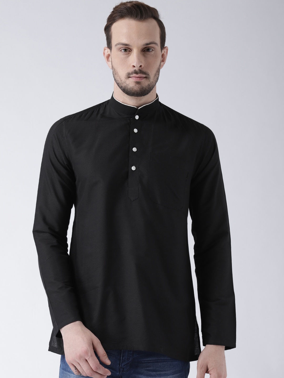 

KISAH Men Black Solid Straight Short Kurta