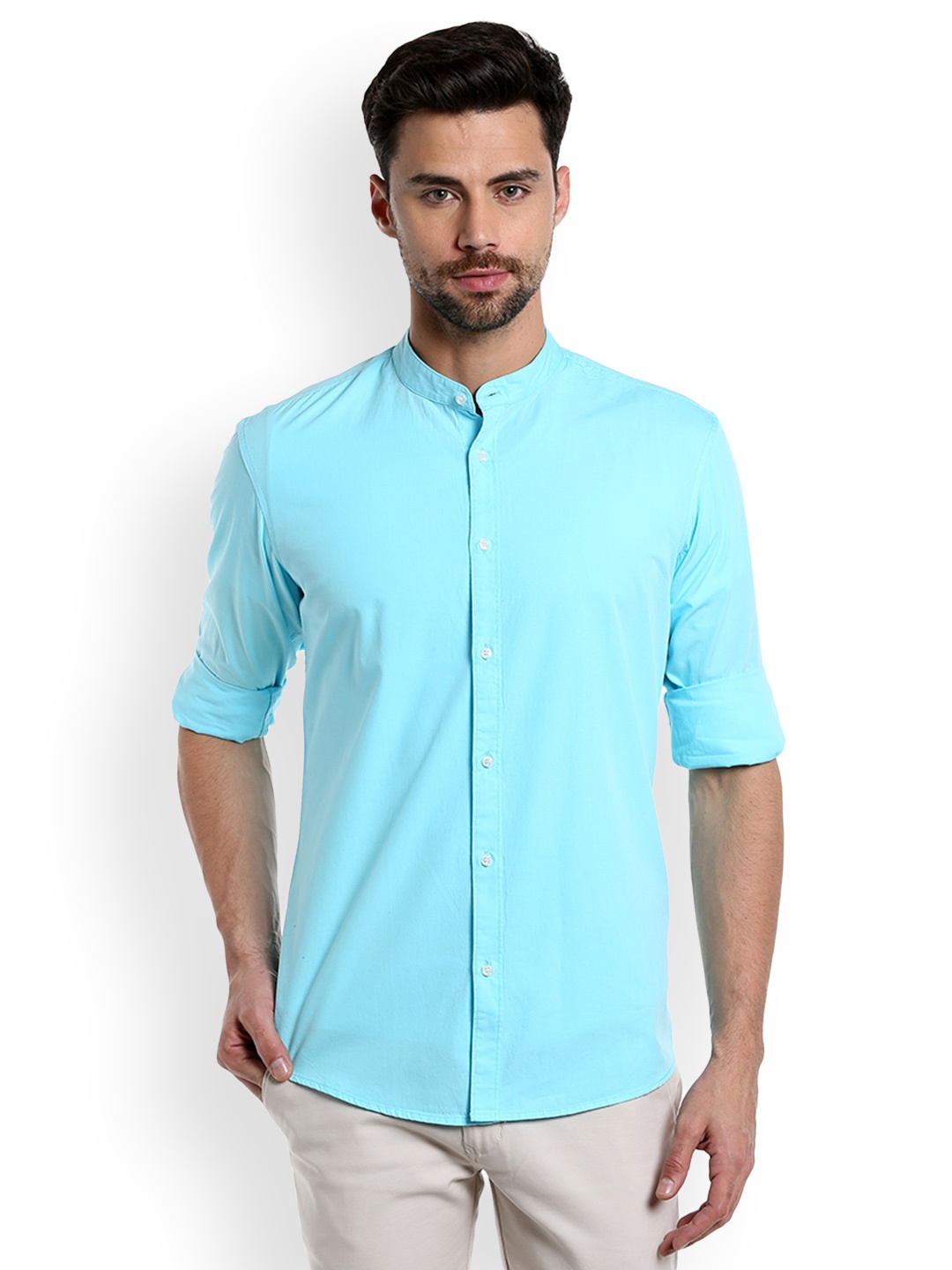 

Dennis Lingo Men Turquoise Blue Slim Fit Solid Casual Shirt