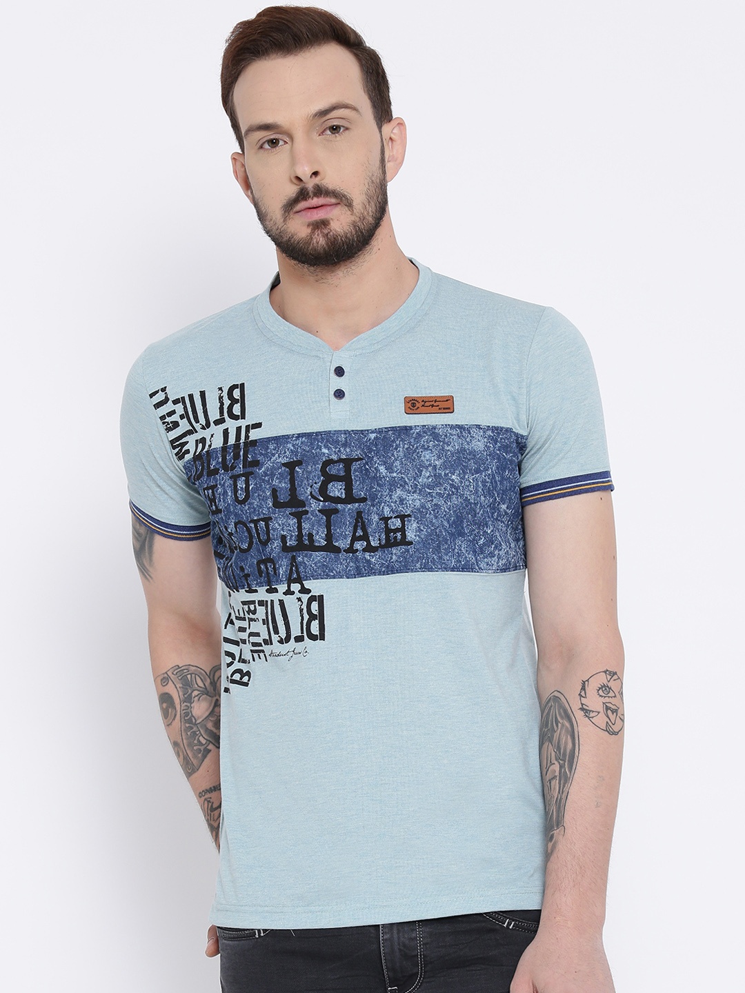 

Duke Men Blue Printed Henley Neck T-shirt