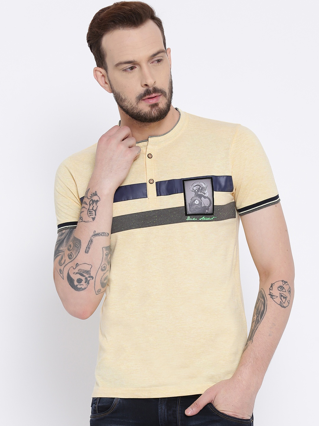 

Duke Men Yellow Striped Henley Neck T-shirt