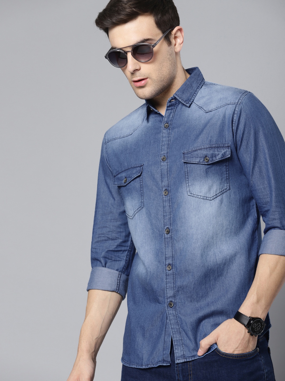 

Dennis Lingo Men Blue Slim Fit Faded Casual Chambray Shirt