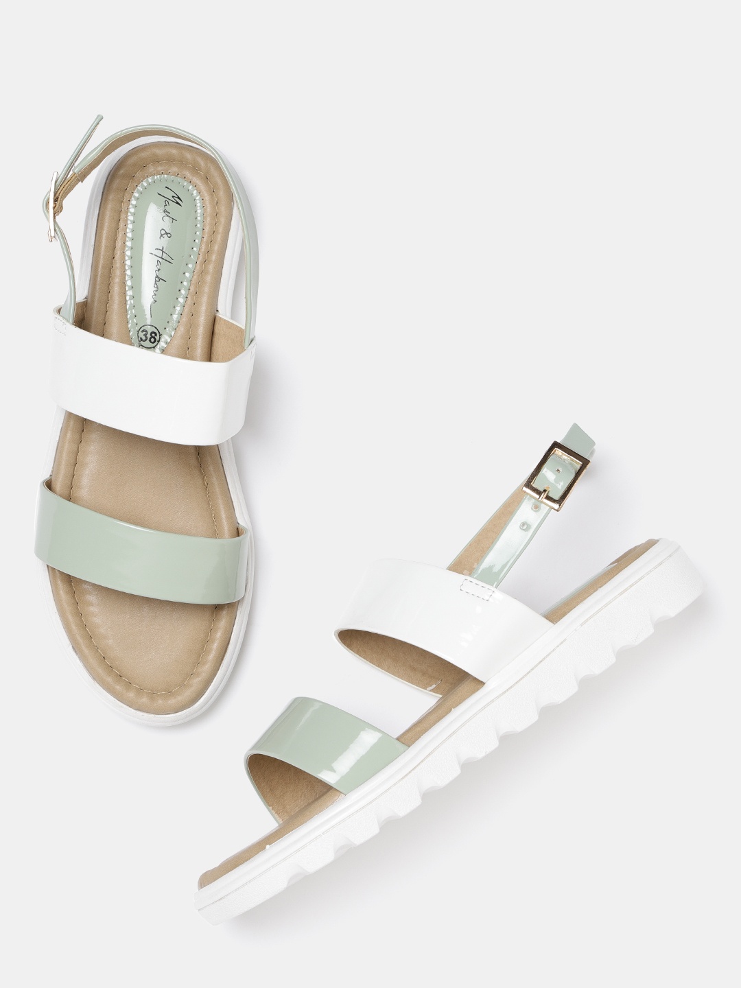 

Mast & Harbour Women Green & White Colourblocked Open Toe Flats