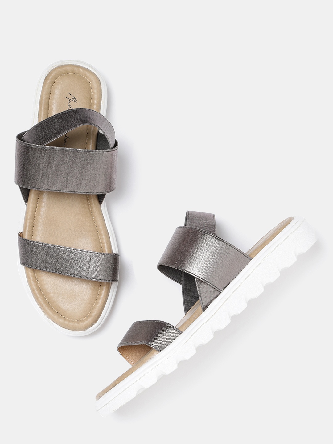 

Mast & Harbour Women Gunmetal-Toned Solid Open Toe Flats, Metallic