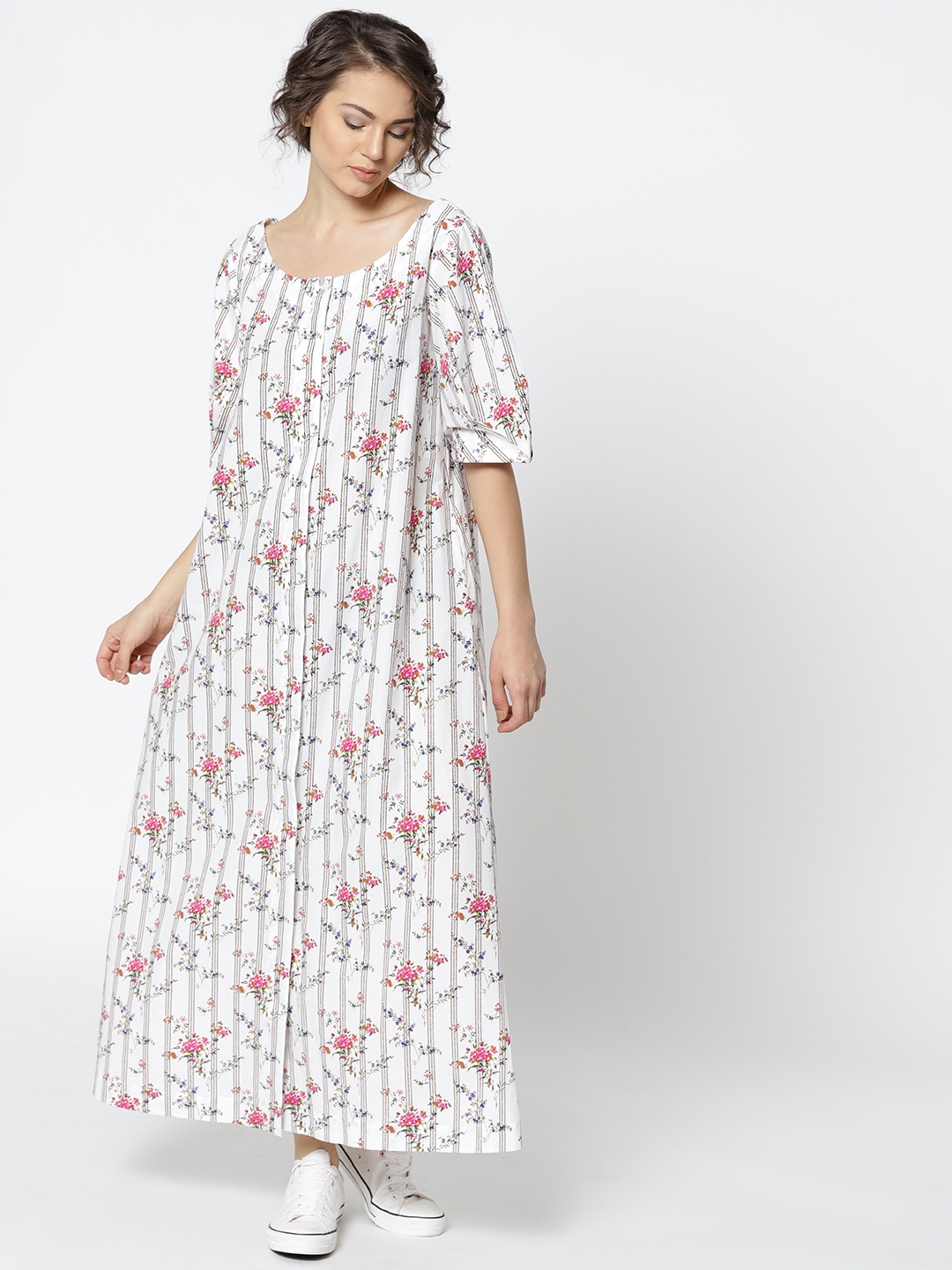 

MANGO Women White & Pink Printed Maxi Dress