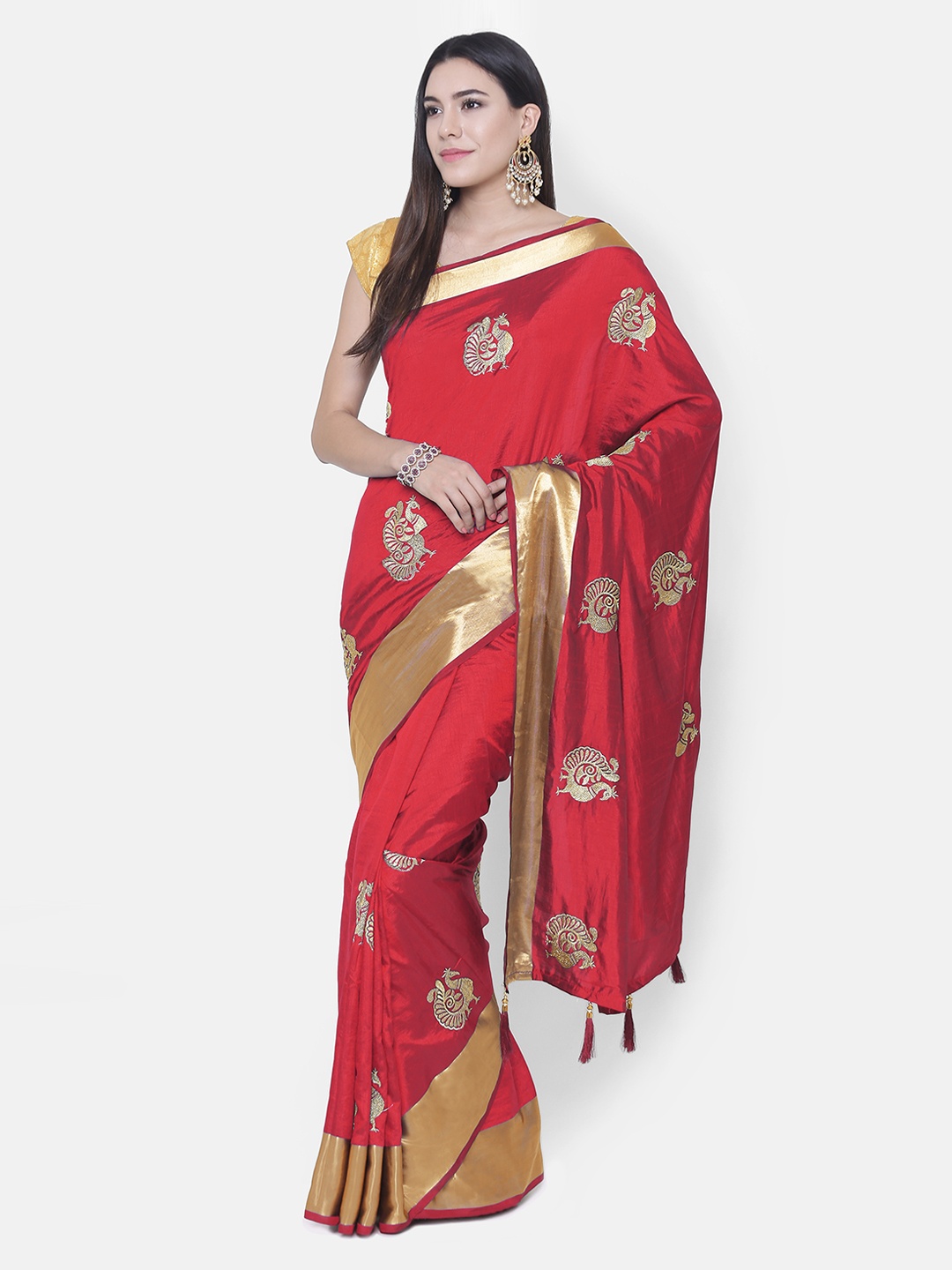 

Chhabra 555 Red & Gold-Toned Art Silk Embroidered Banarasi Saree