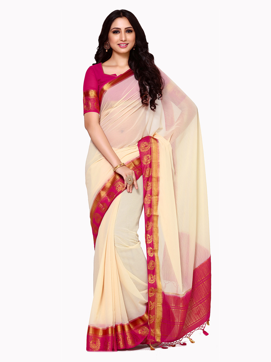 

MIMOSA Beige Poly Chiffon Woven Design Pochampally Saree