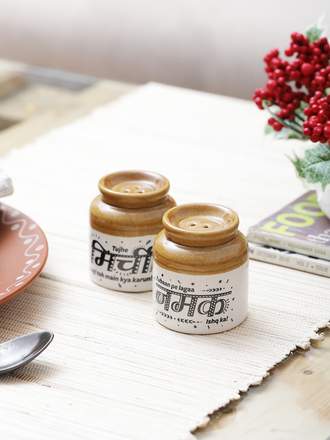 

EK DO DHAI Set Of 2 Off-White & Brown Hand-Painted Salt & Pepper Jars