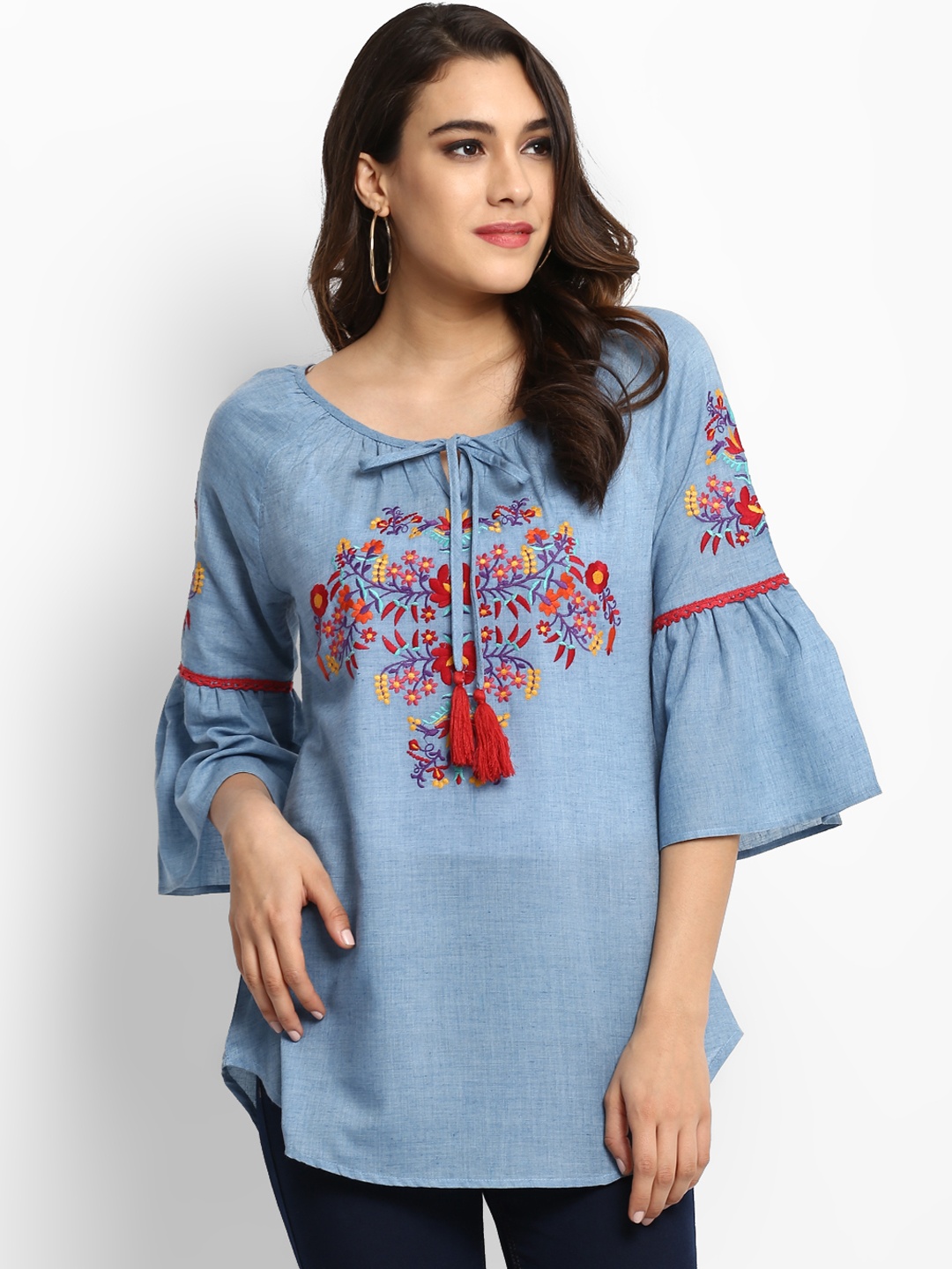 

Bhama Couture Blue Embroidered A-Line Pure Cotton Top
