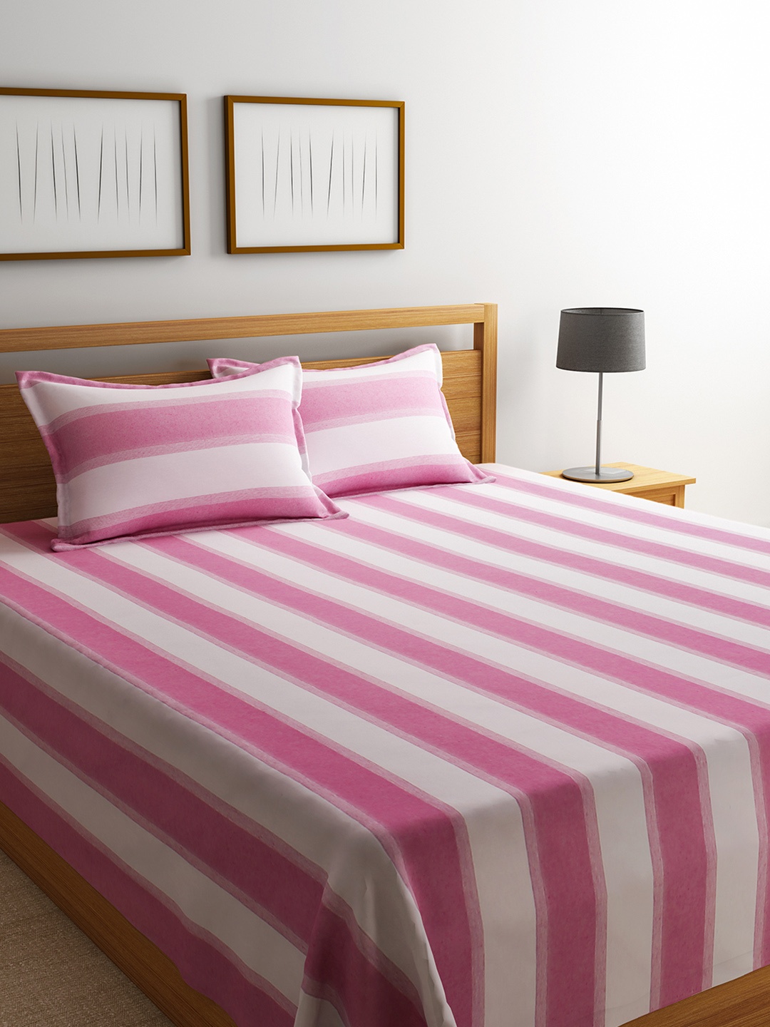 

ROMEE Cream & Pink Printed 220 TC Double Bed Cover with 2 Pillow Covers
