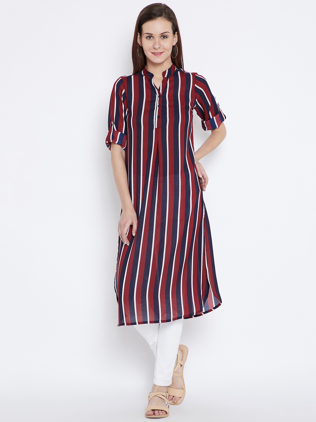 

Ruhaans Navy Blue & Maroon Striped Tunic
