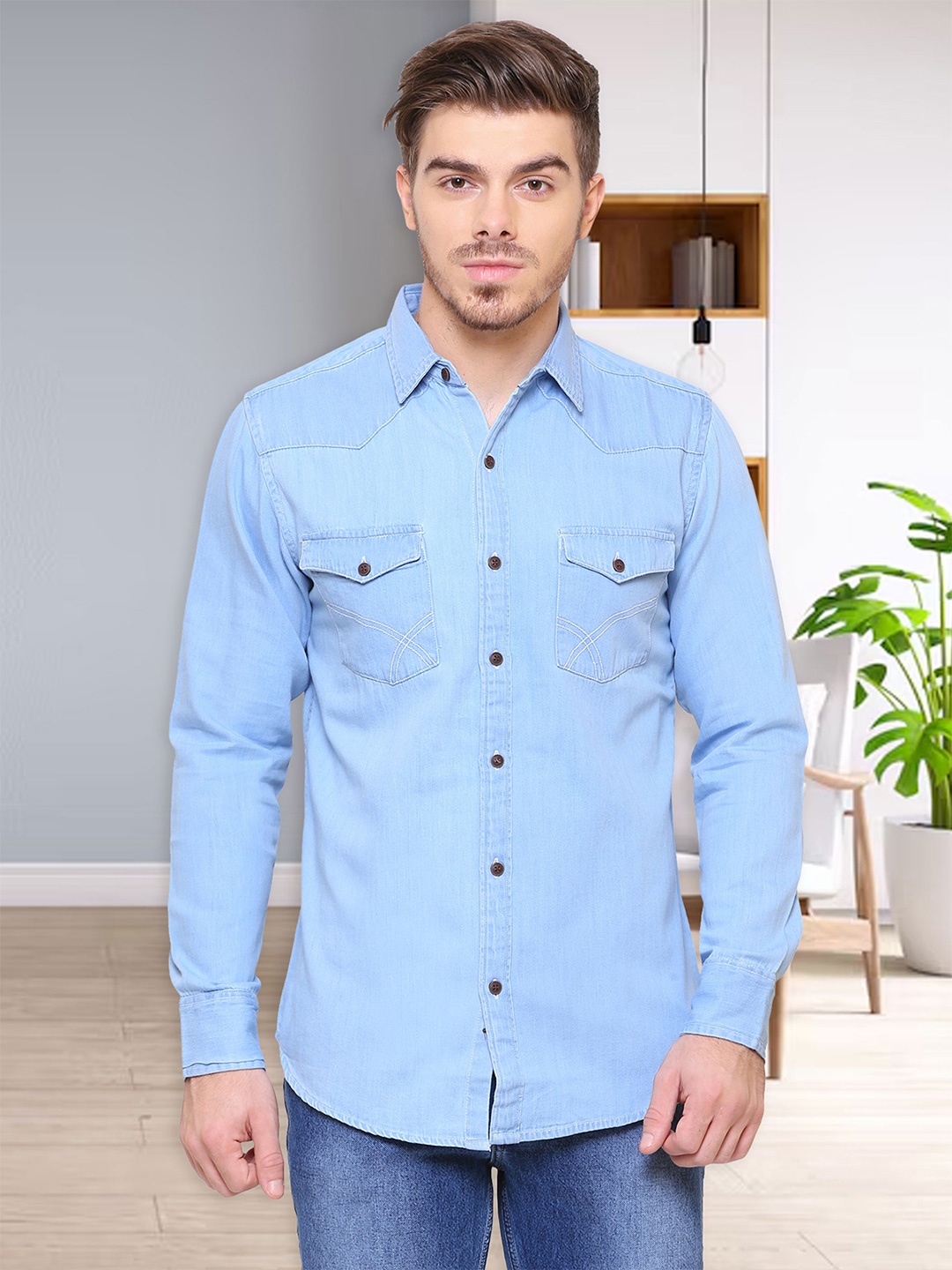 

Southbay Men Blue Contemporary Slim Fit Solid Denim Casual Shirt