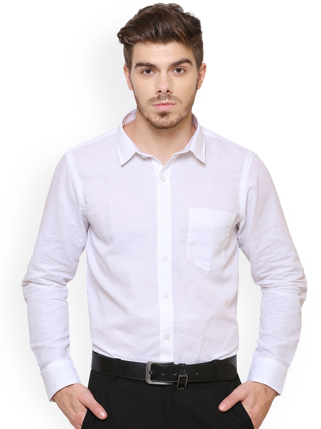 Southbay Men White Custom Slim Fit Solid Formal Linen Shirt