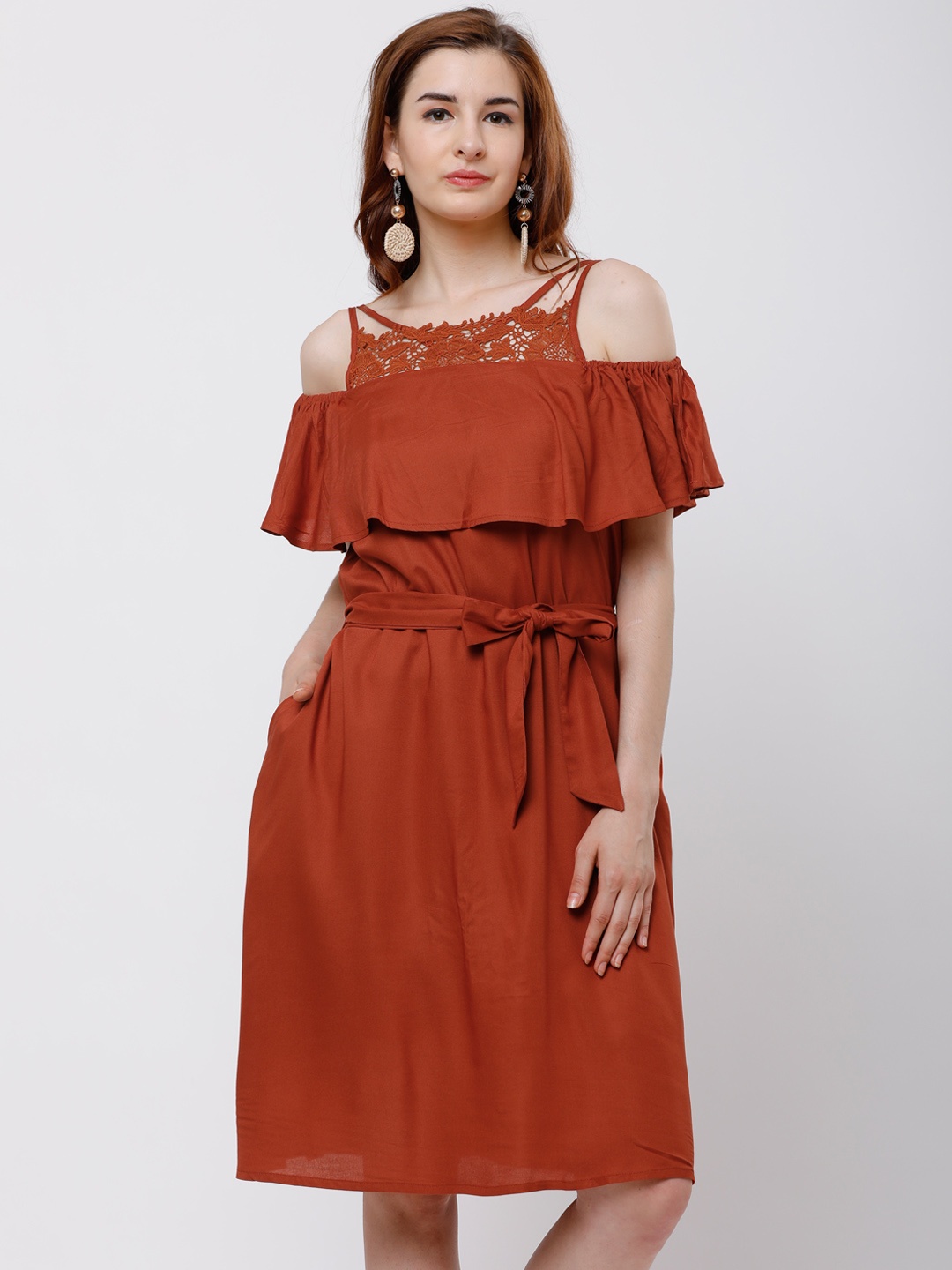 

Tokyo Talkies Women Rust Red Solid Fit and Flare Dress