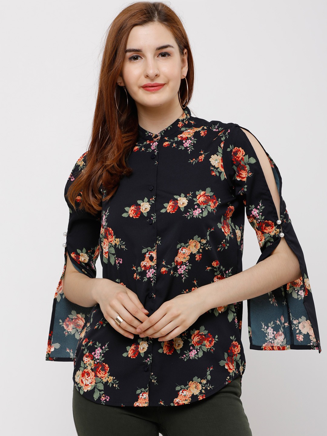 

Tokyo Talkies Women Navy Blue & Peach-Coloured Regular Fit Printed Casual Shirt