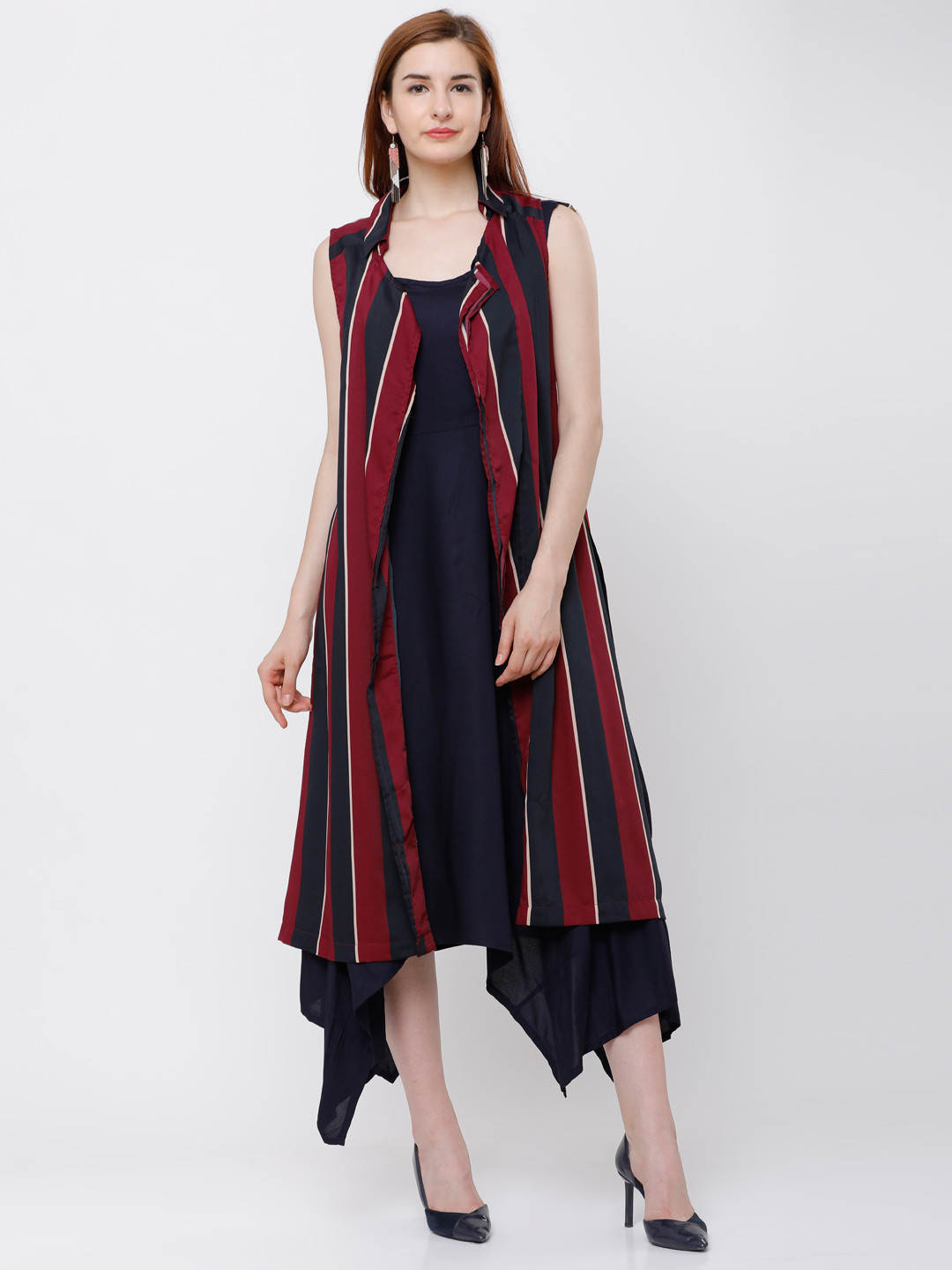 

Tokyo Talkies Red & Navy Blue Striped Open Front Shrug