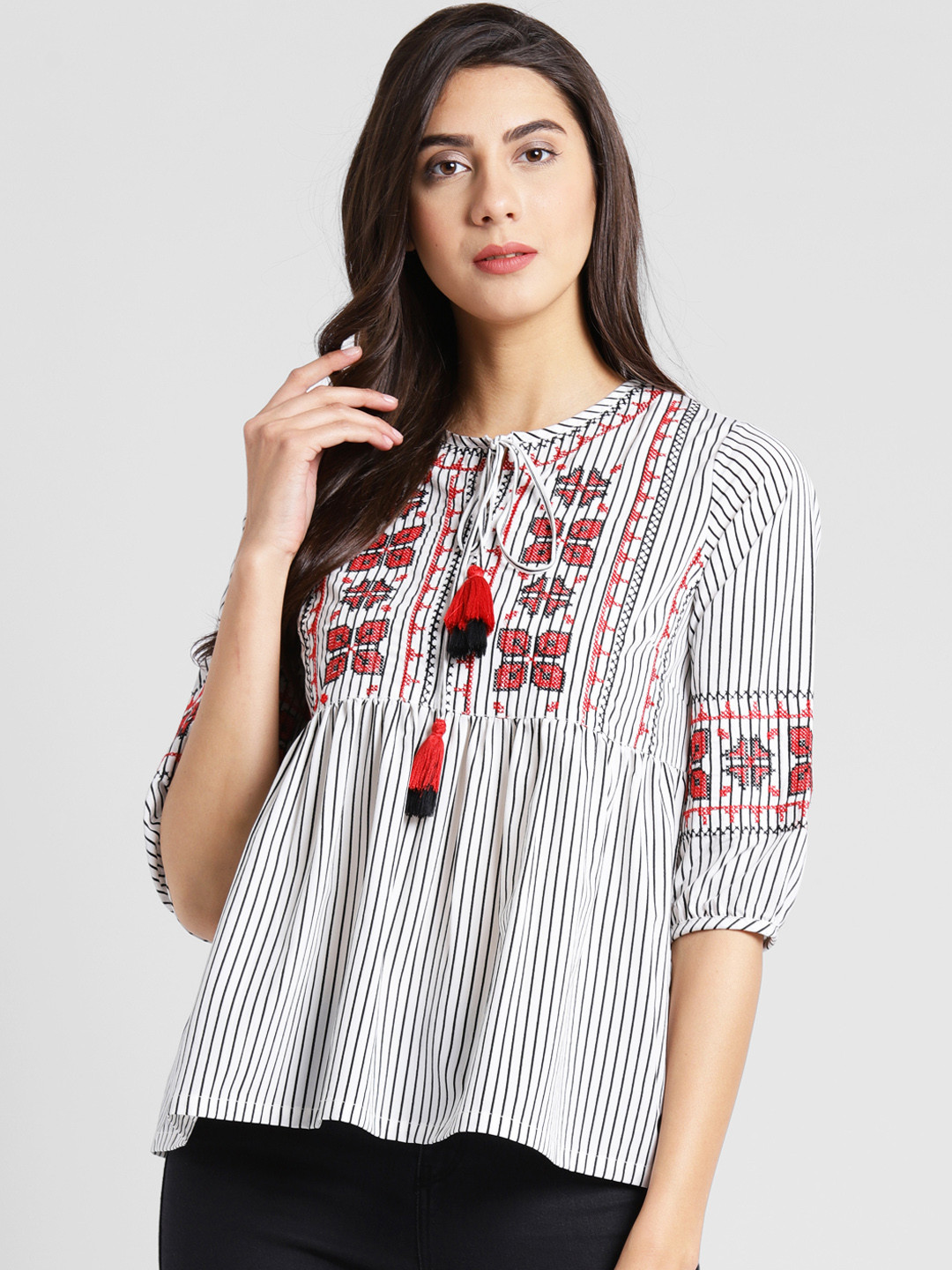 

plusS Women White Striped A-Line Top