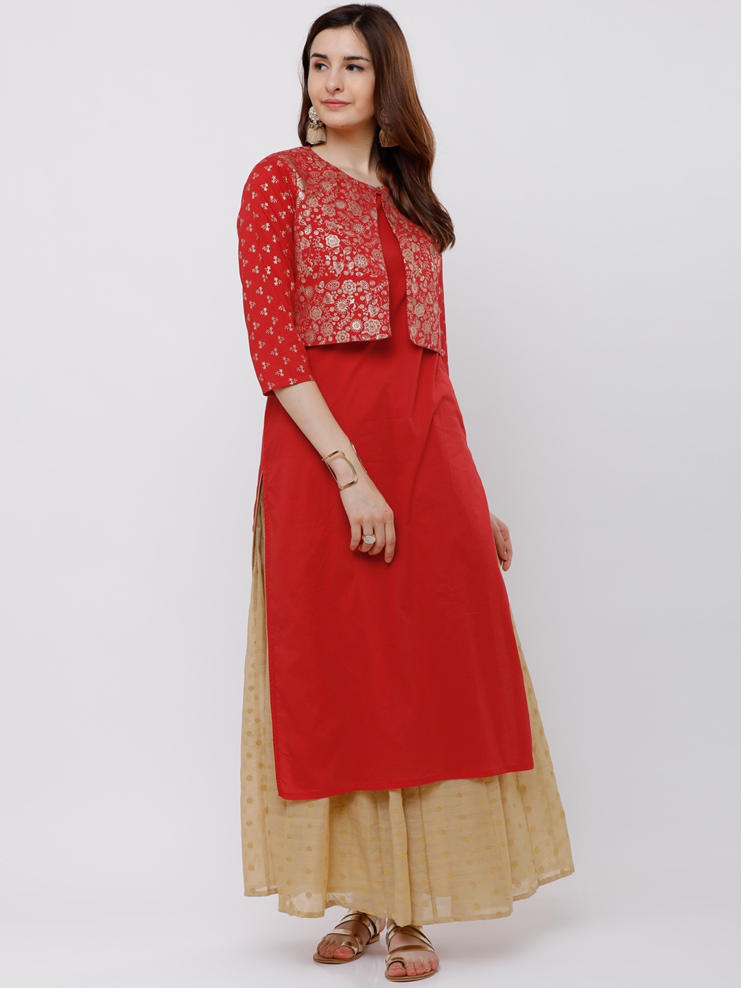 

Vishudh Red Foil Print Cotton Straight Kurta With Crop Jacket