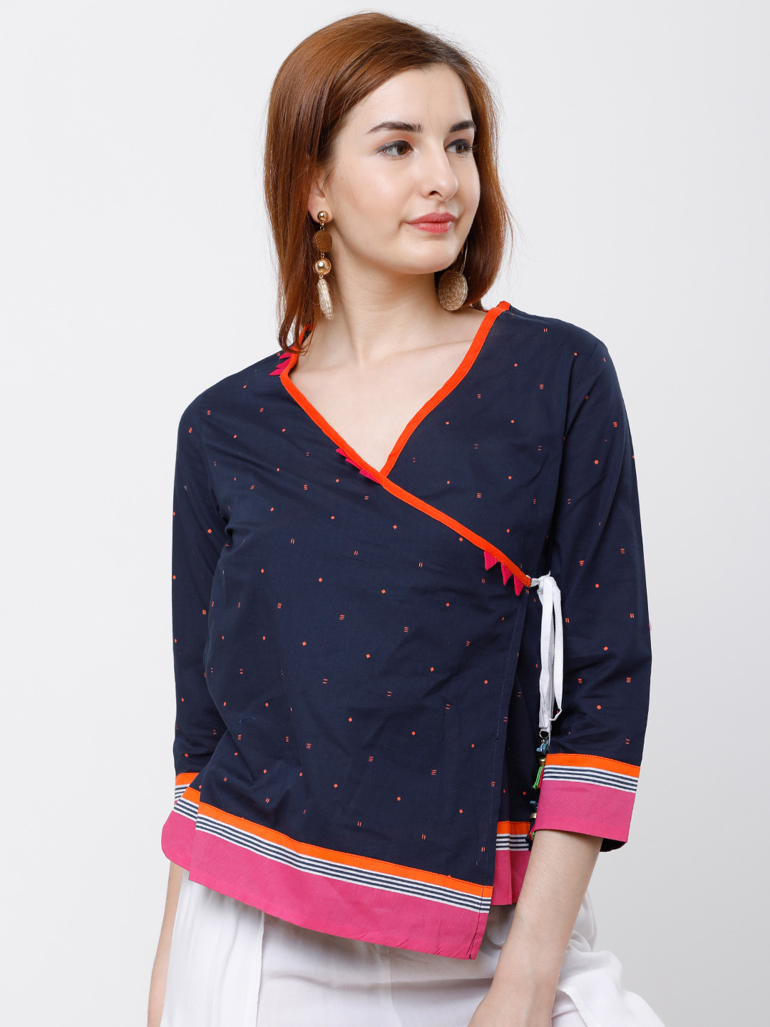 

Vishudh Women Navy Blue Printed Wrap Pure Cotton Top
