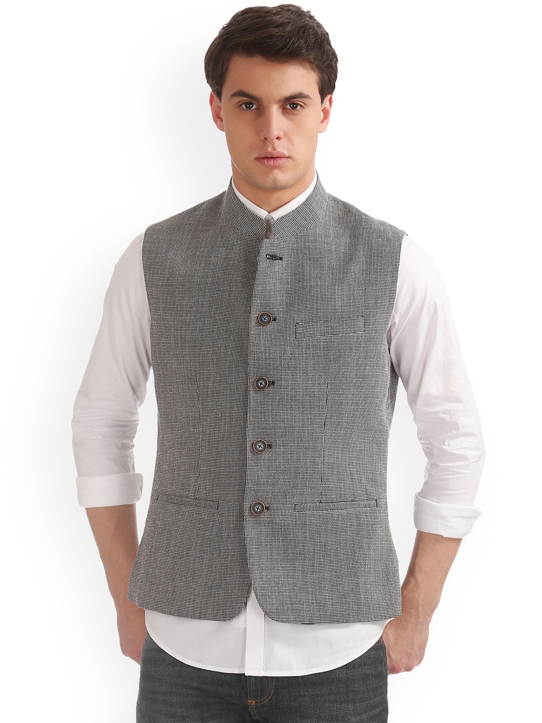 

Arrow New York Men Grey Patterned Slim Fit Nehru Jacket