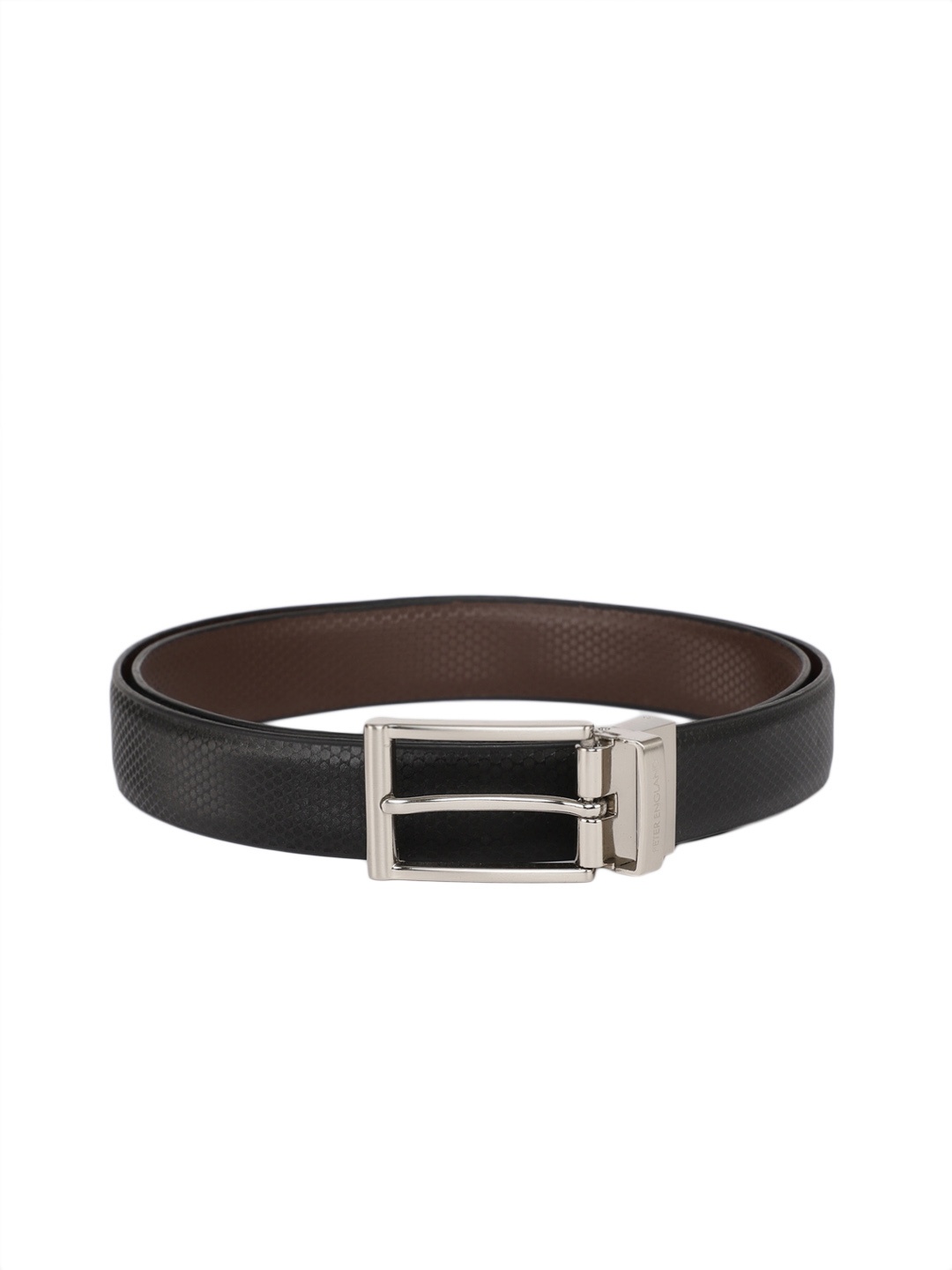 

Peter England Men Reversible Black & Brown Textured Belt