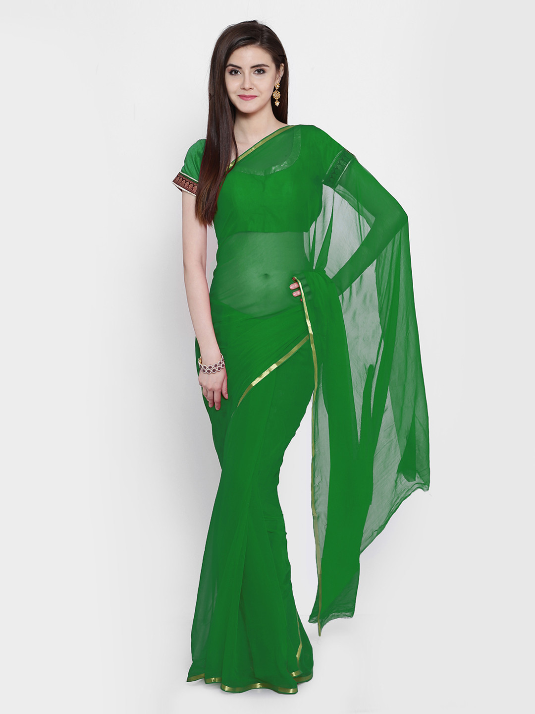 

Chhabra 555 Green Solid Poly Chiffon Saree