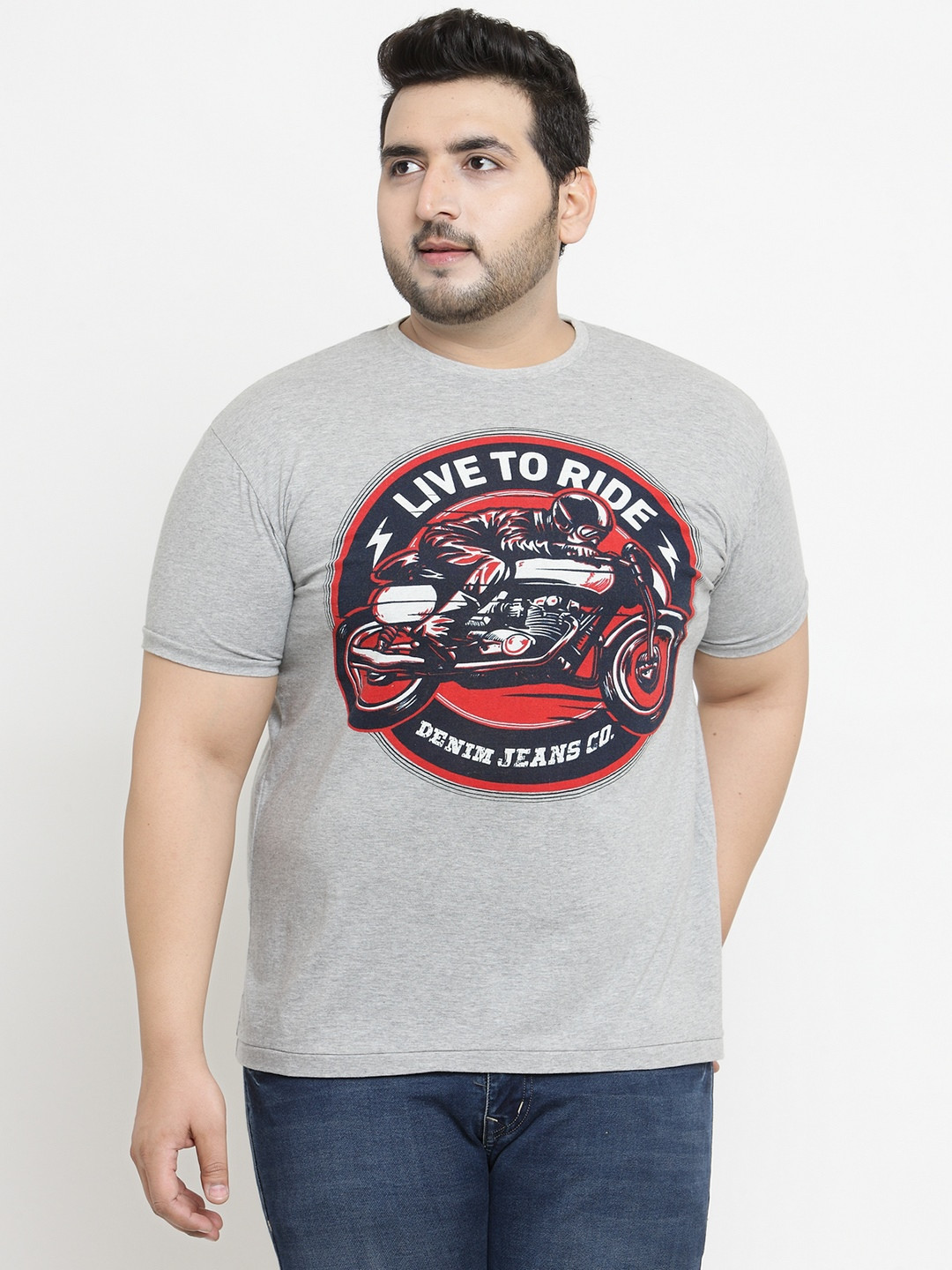 

plusS Men Grey Printed Round Neck T-shirt