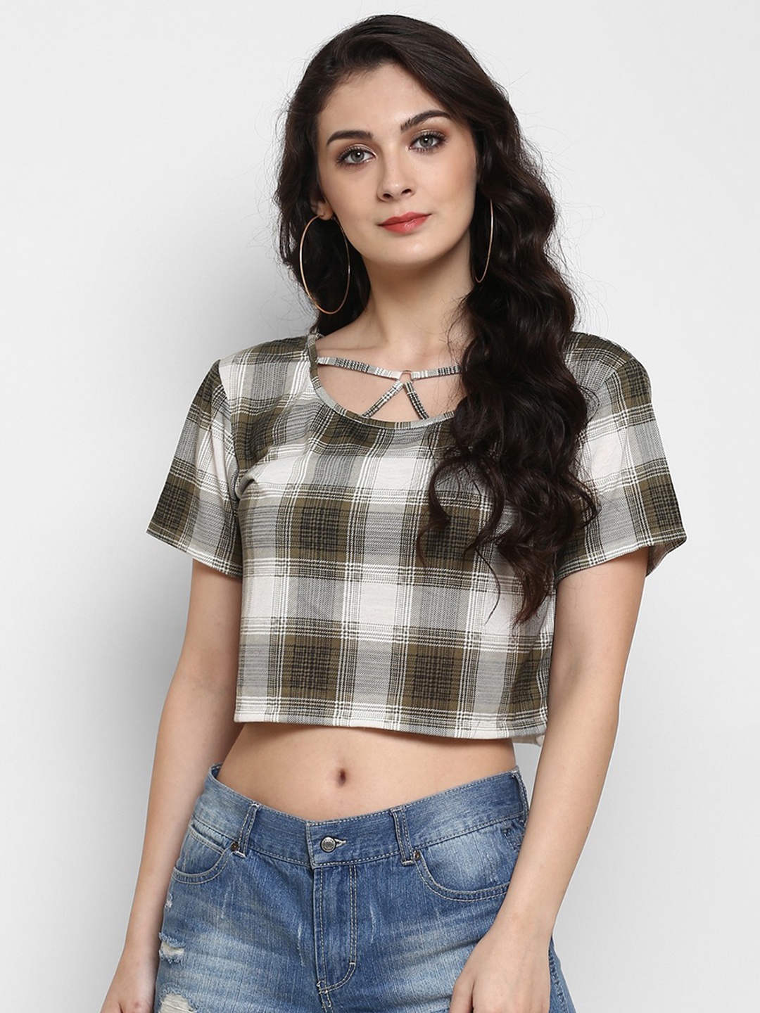 

Zima Leto Women Off-White & Khaki Checked Boxy Top