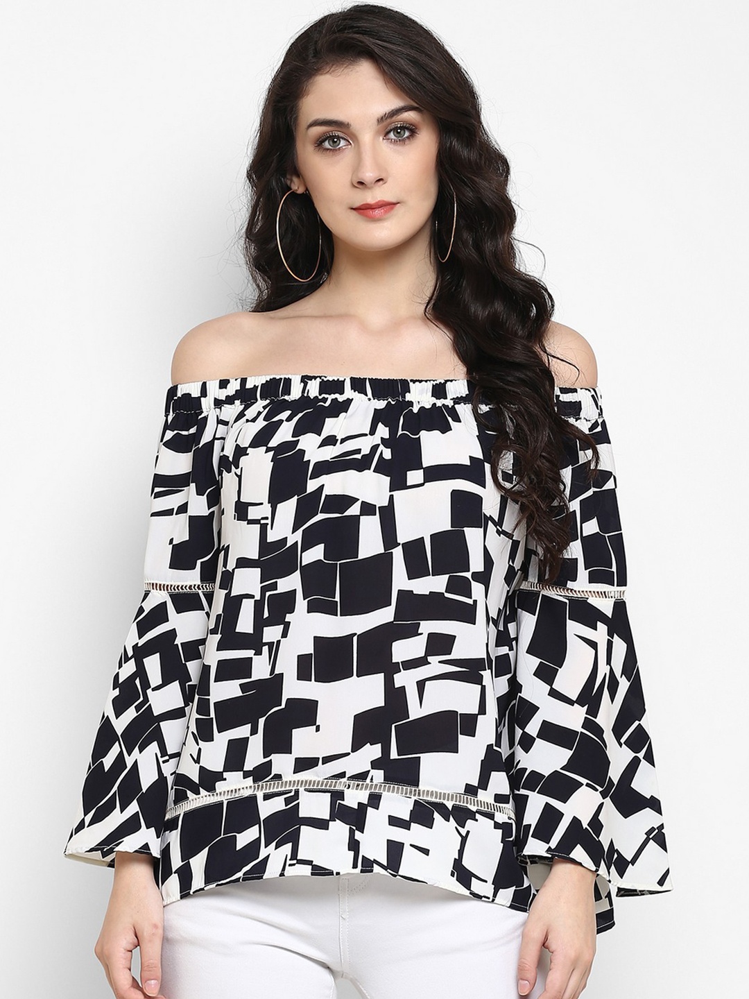 

Zima Leto Women White & Black Printed Bardot Top