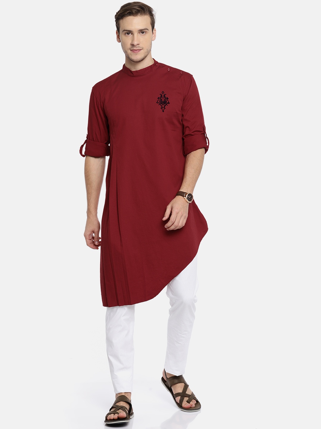 

Freehand Men Red & White Self-Design Kurta with Pyjamas
