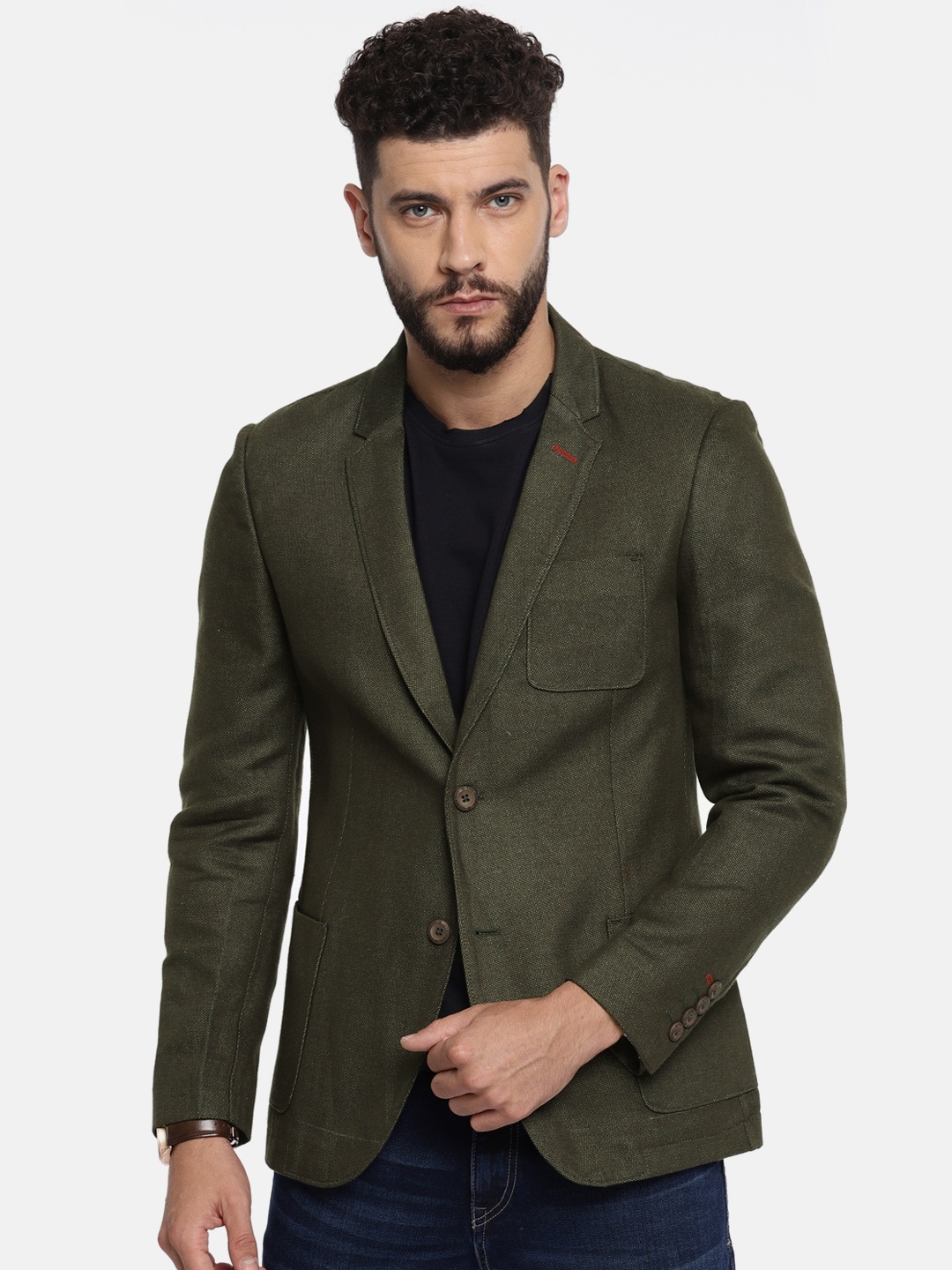 

The Indian Garage Co Olive Green Single-Breasted Casual Blazer