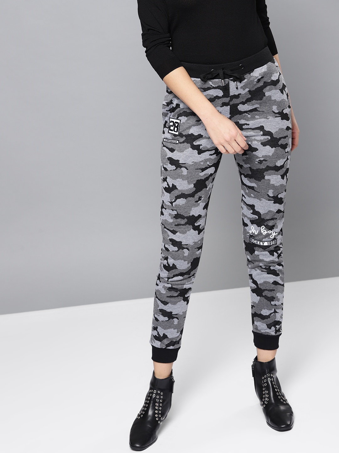 

Kook N Keech Disney Women Grey & Black Camouflage Pattern Joggers