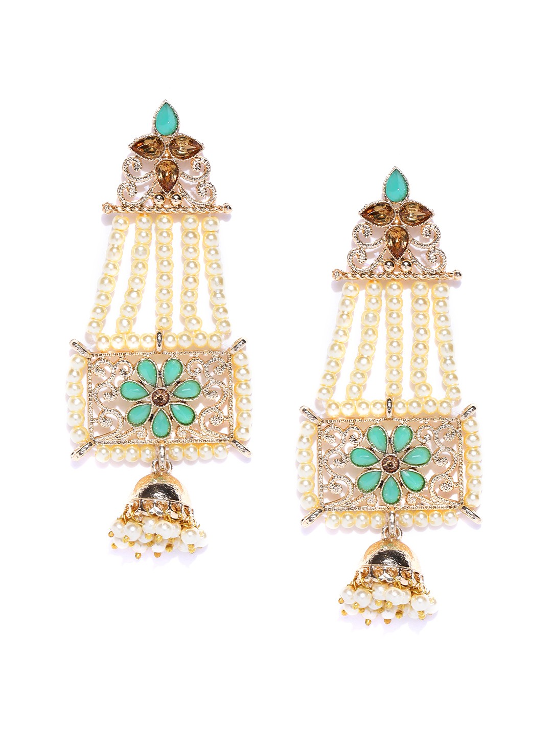 

Zaveri Pearls Off-White & Sea Green Gold-Plated Classic Drop Earrings