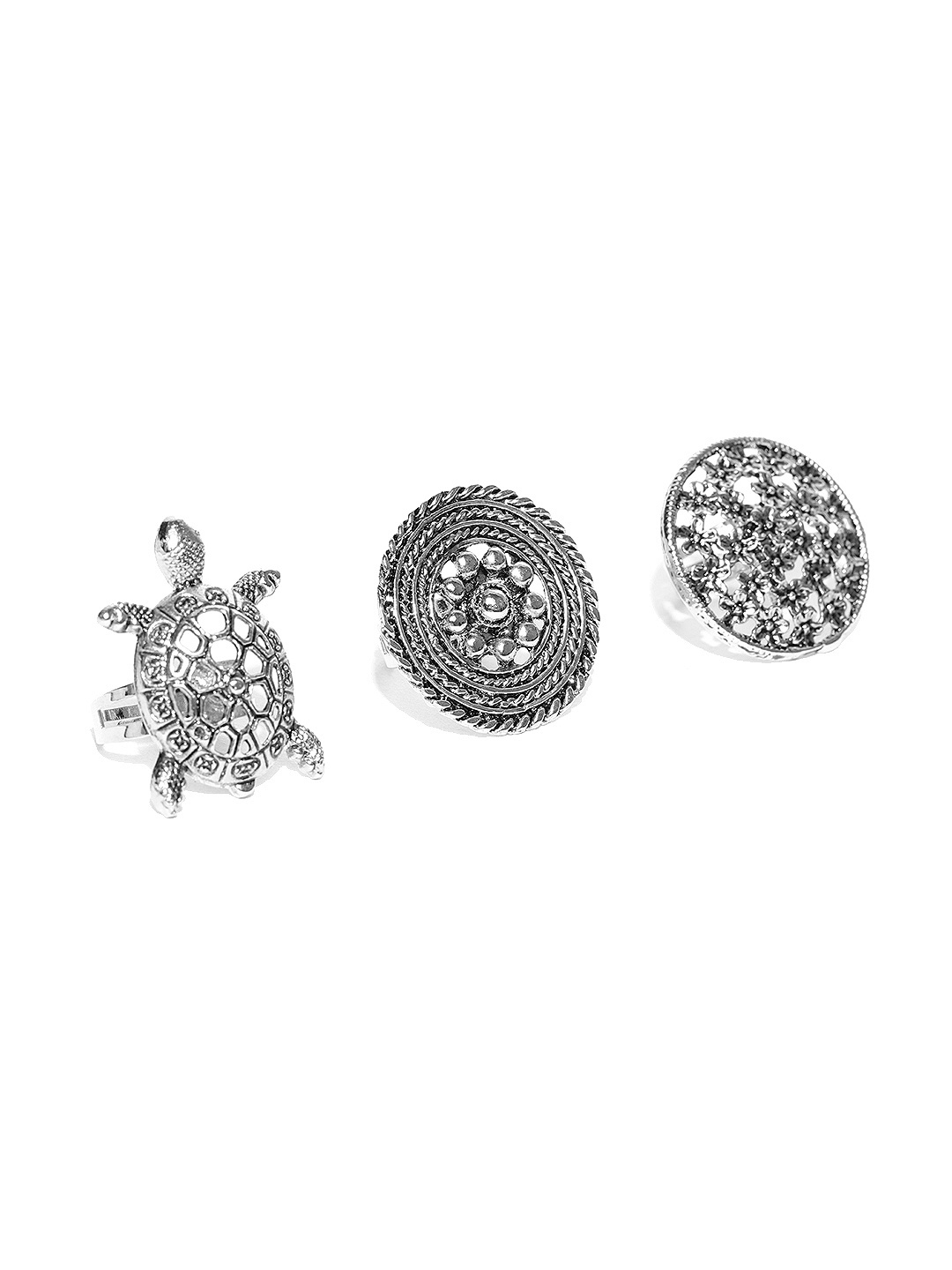 

Zaveri Pearls Women Set of 3 Oxidised Silver-Plated Adjustable Rings