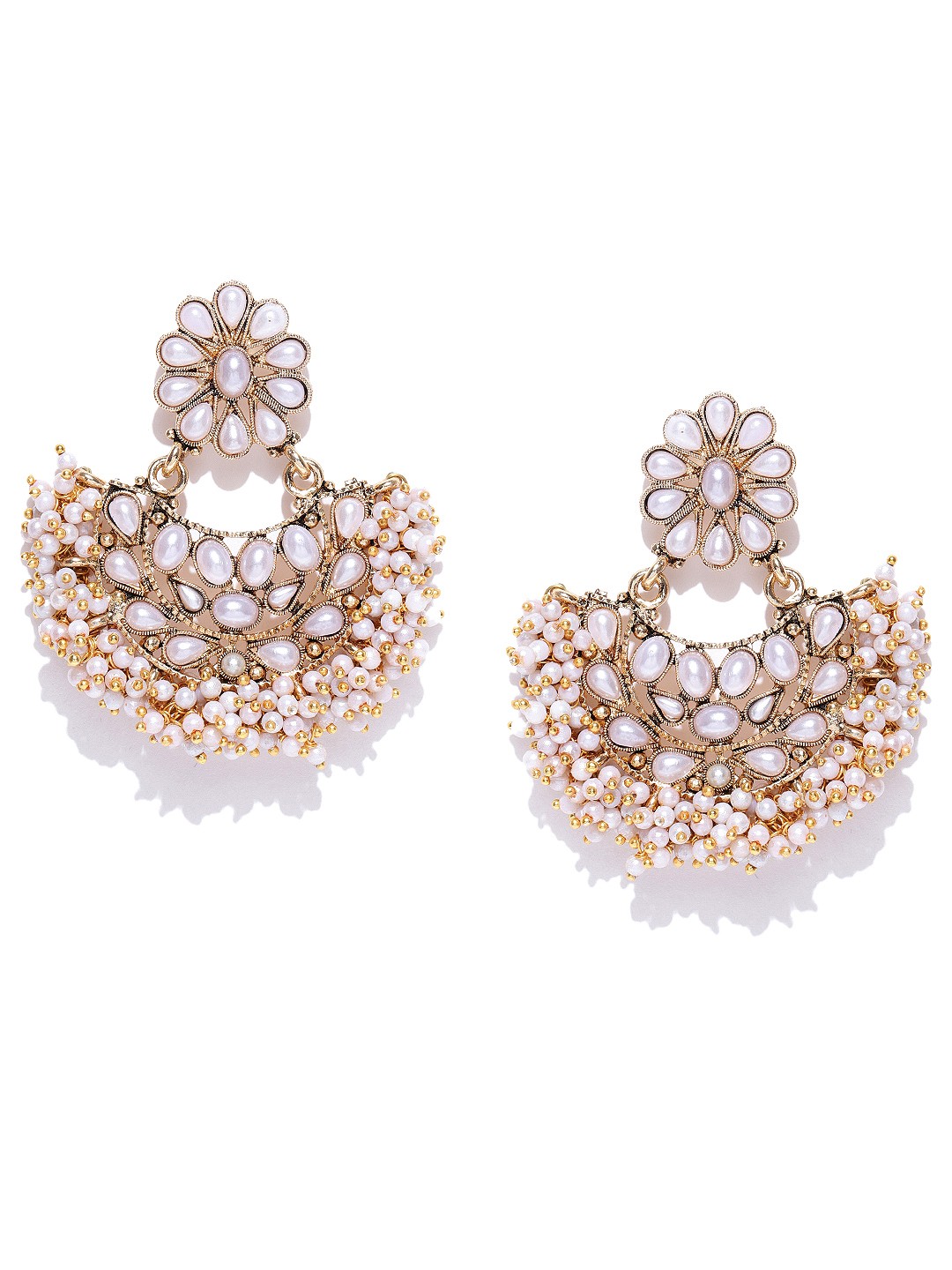 

Zaveri Pearls Off-White Antique Gold-Plated Crescent Shaped Chandbalis