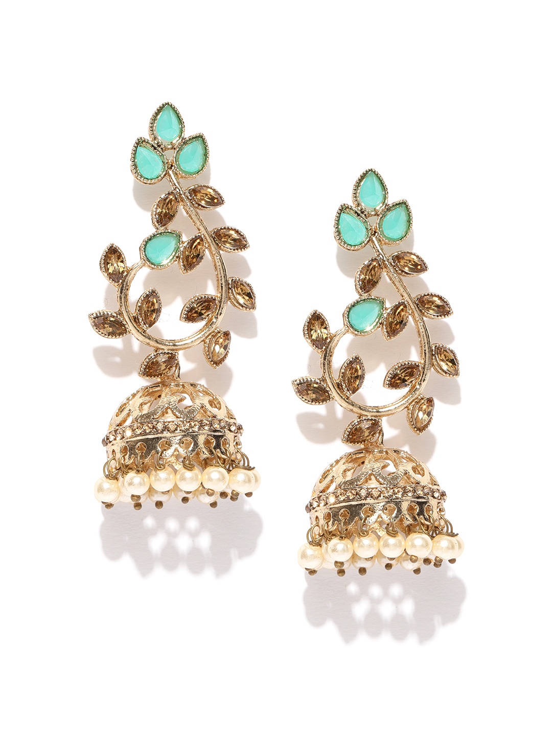 

Zaveri Pearls Sea Green & Off-White Gold-Plated Dome Shaped Jhumkas