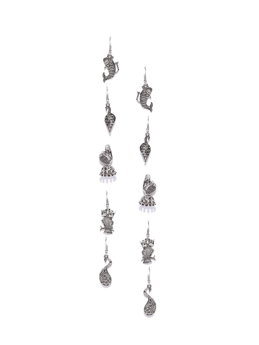 

Zaveri Pearls Set of 5 Oxidised Silver-Plated Drop Earrings