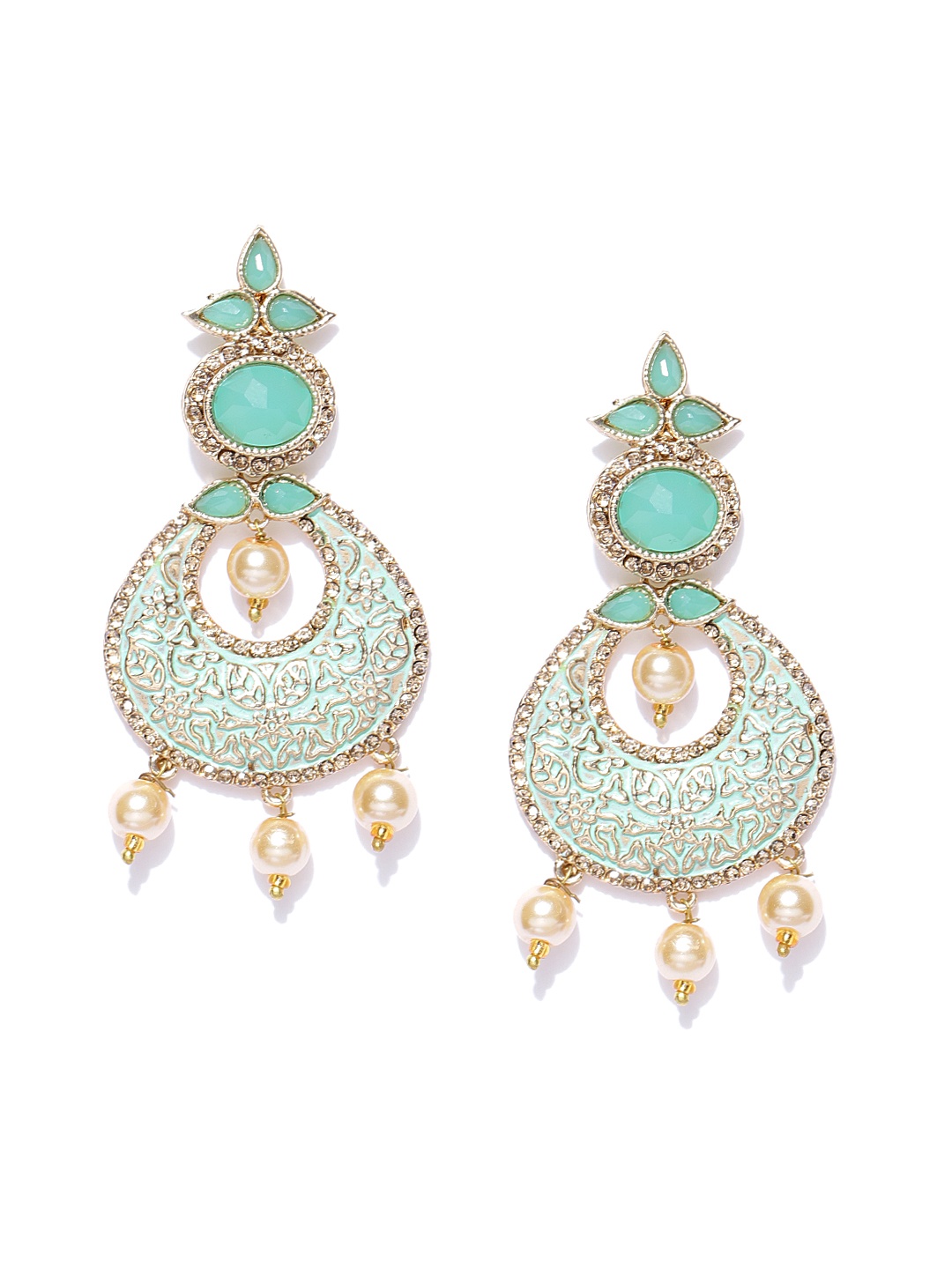 

Zaveri Pearls Green & Off-White Gold-Pated Crescent Shaped Chandbalis