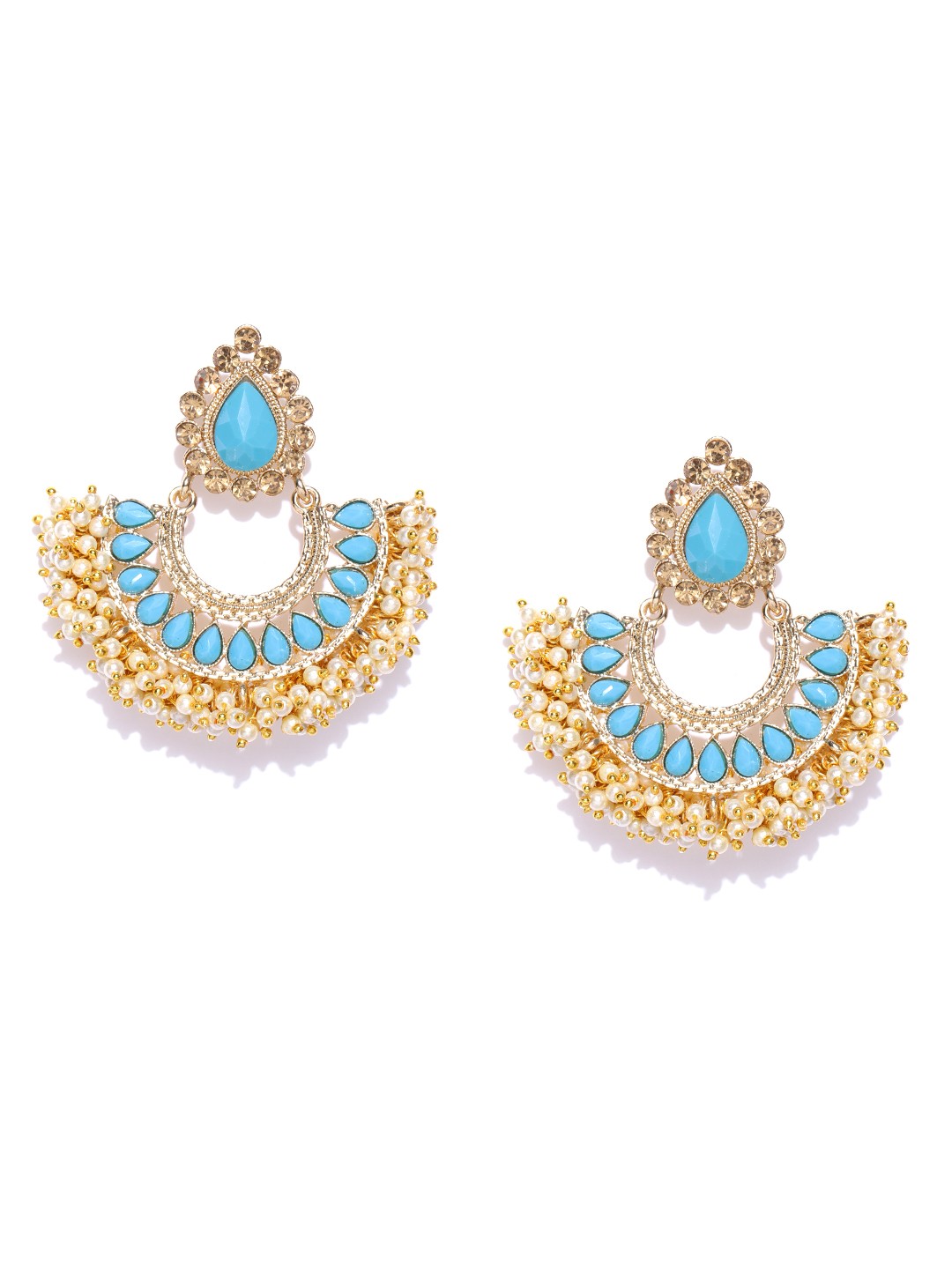 

Zaveri Pearls Blue & Off-White Gold-Plated Crescent Shaped Chandbalis