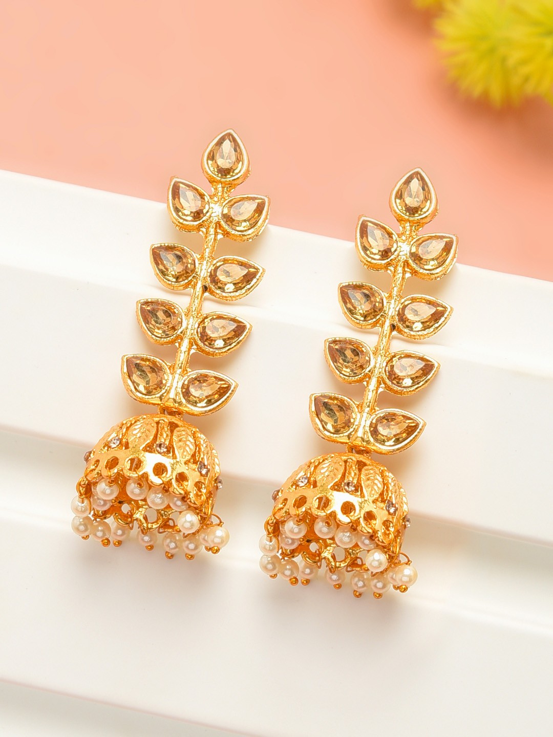 

Zaveri Pearls Off-White Gold-Plated Leaf Shaped Jhumkas