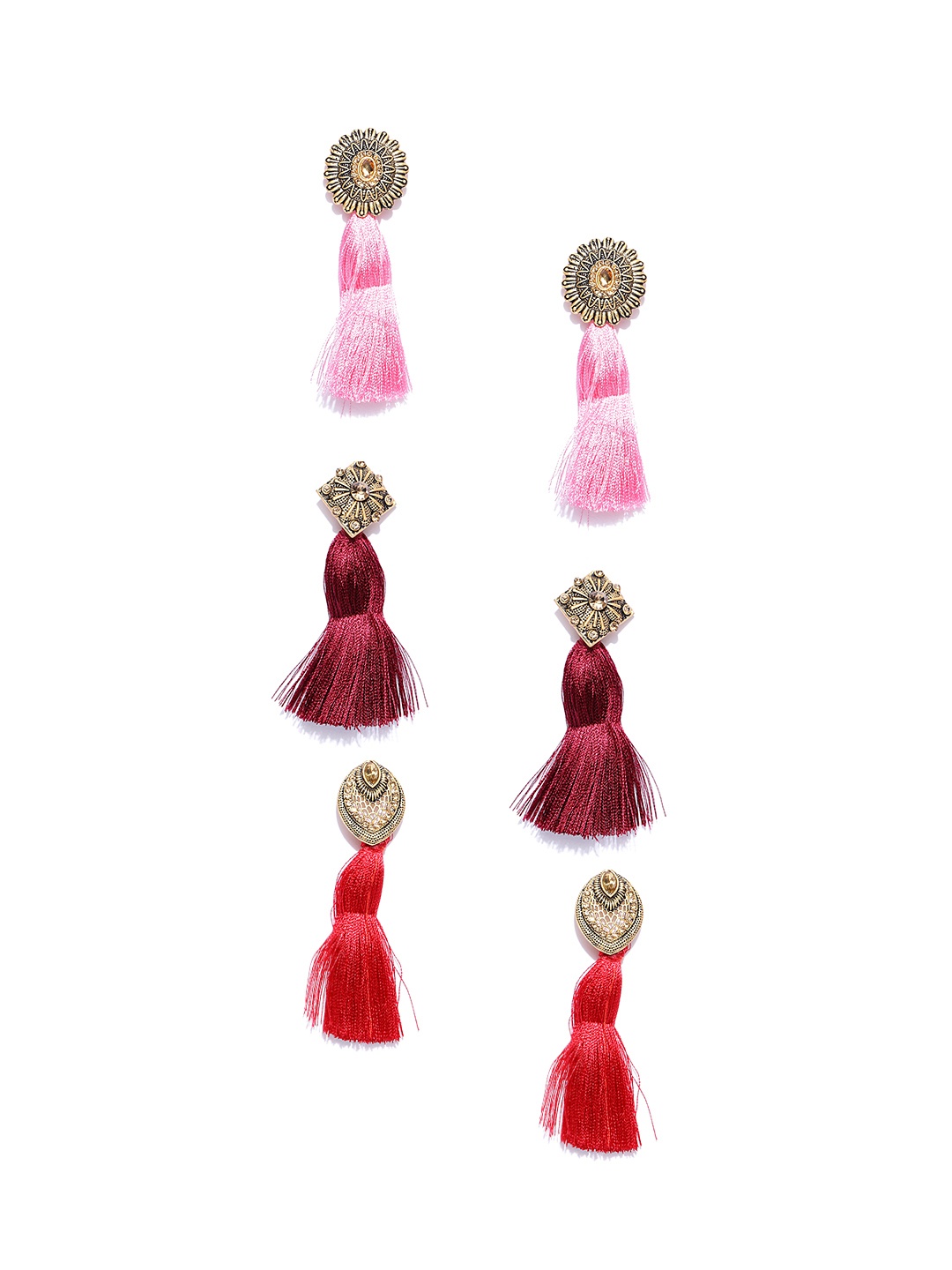 

Zaveri Pearls Set of 3 Antique Gold-Plated Tasselled Drop Earrings