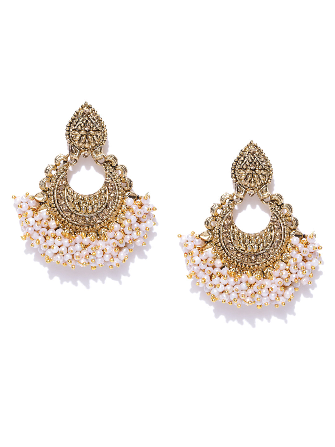 

Zaveri Pearls Off-White Antique Gold-Plated Crescent Shaped Chandbalis