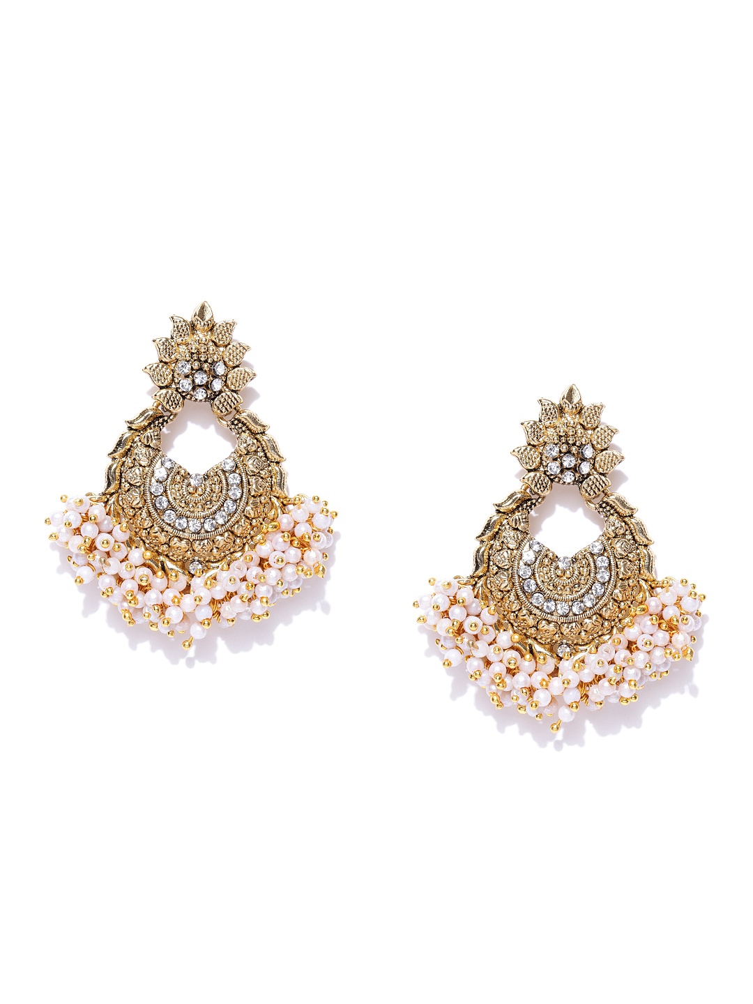 

Zaveri Pearls Off-White Antique Gold-Plated Crescent Shaped Chandbalis