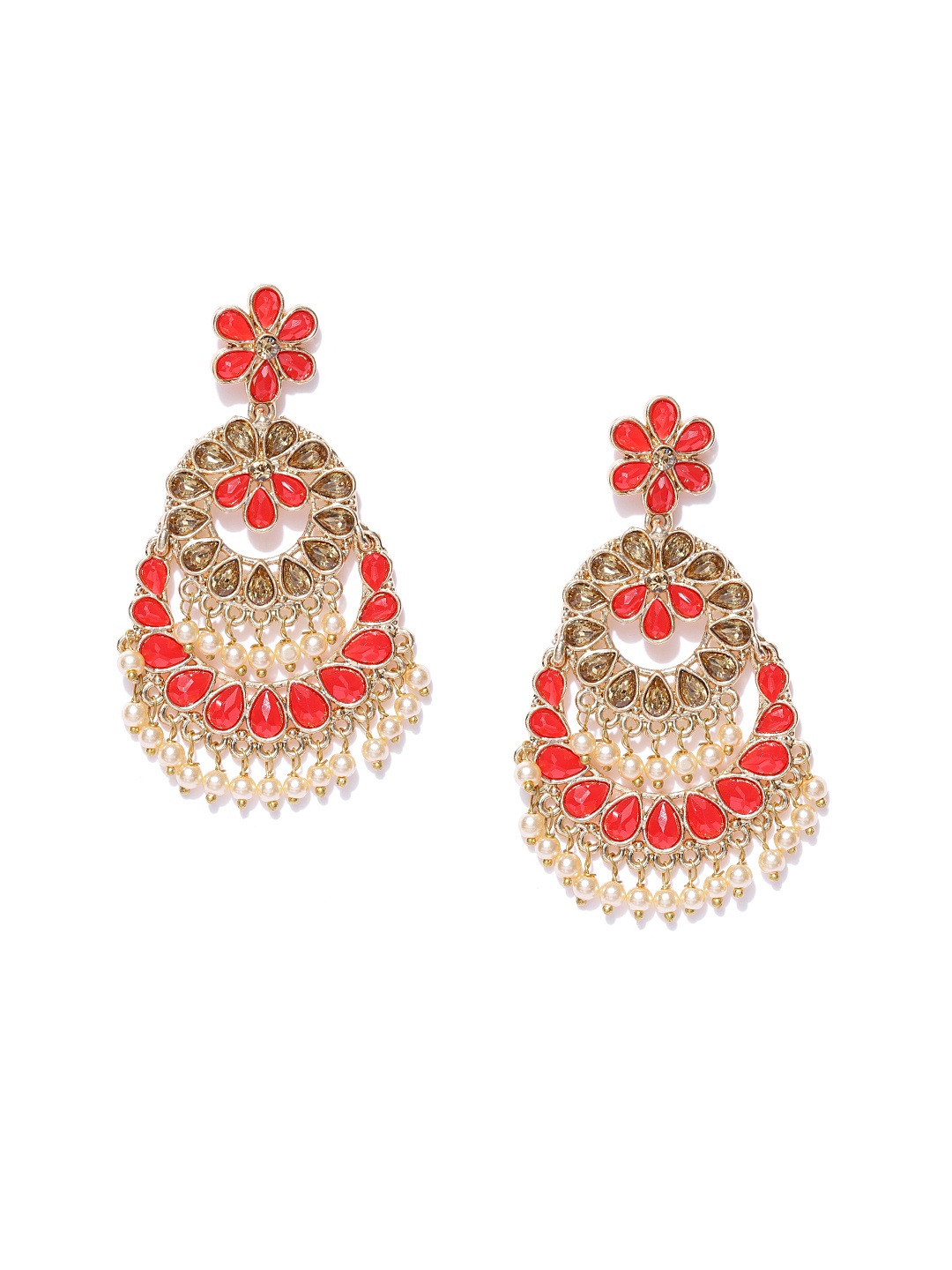 

Zaveri Pearls Red & Off-White Gold-Plated Crescent Shaped Chandbalis