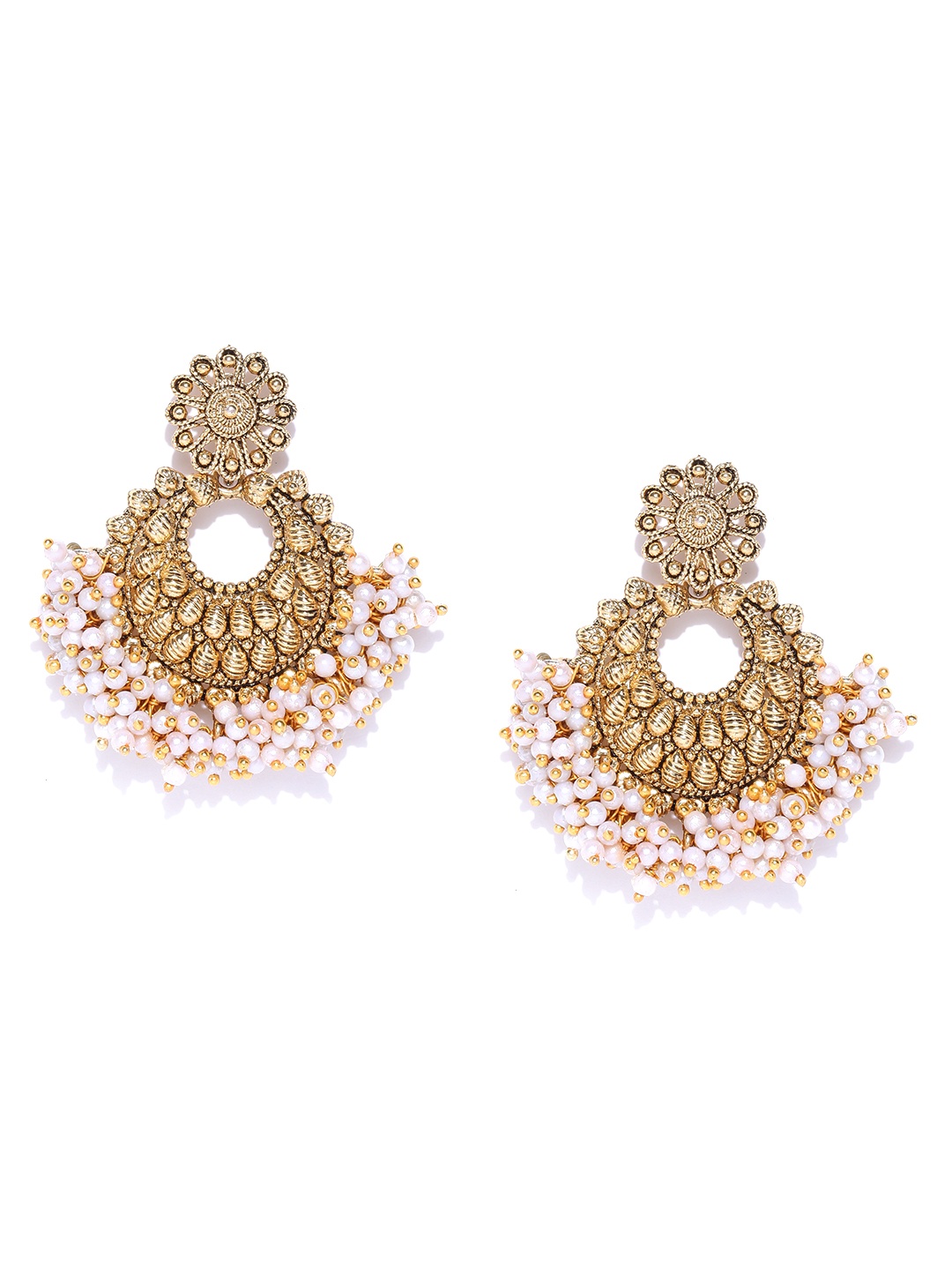 

Zaveri Pearls White Antique Gold-Plated Crescent Shaped Chandbalis