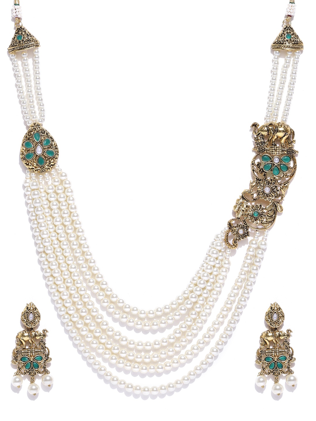 

Zaveri Pearls Off-White & Antique Gold-Toned Beaded Textured Layered Jewellery Set