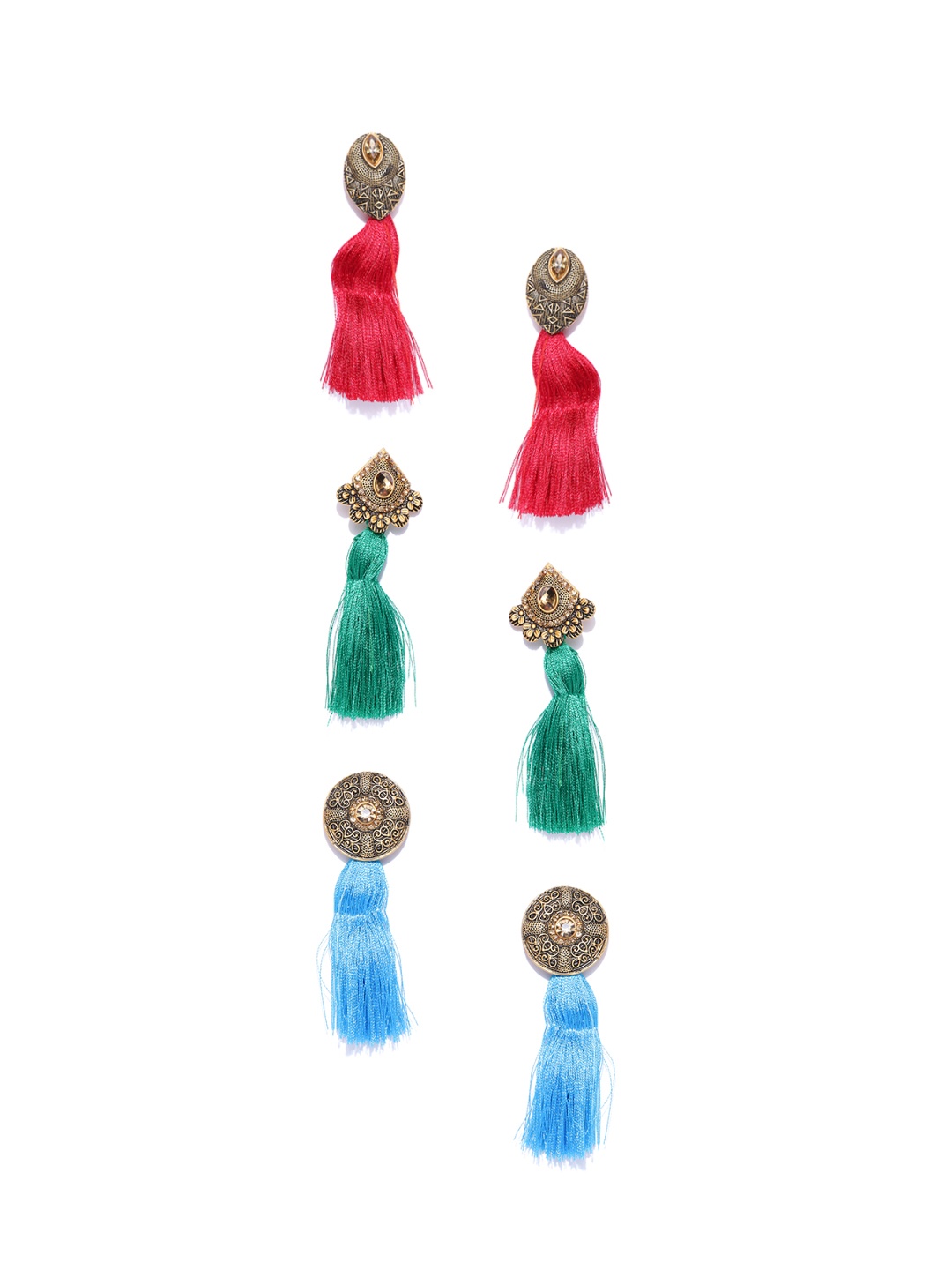 

Zaveri Pearls Set of 3 Antique Gold-Plated Stone-Studded Textured Tasseled Earrings