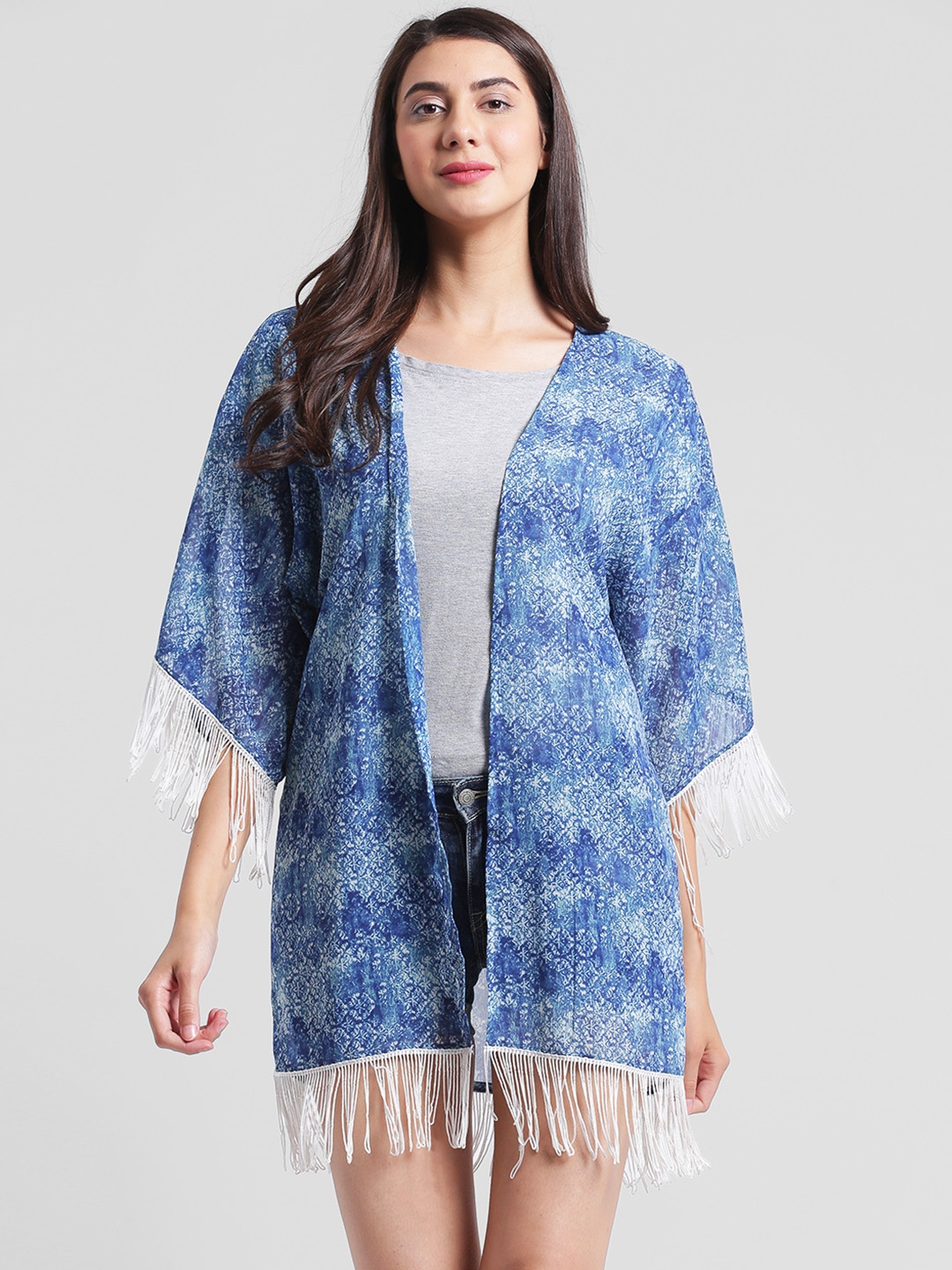

Rigo Blue Printed Open Front Shrug