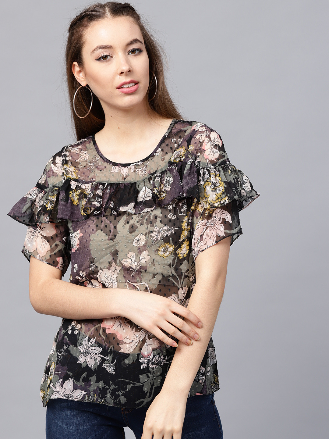 

Athena Women Black & Olive Green Sheer Printed Top